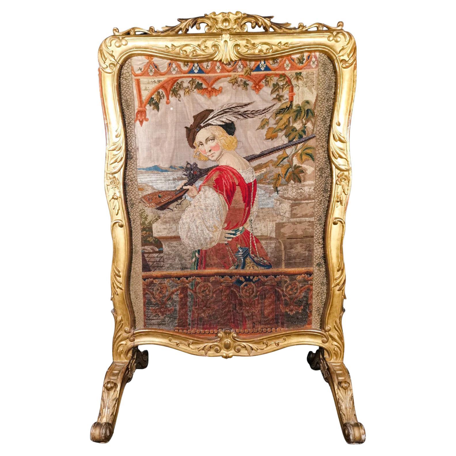 Louis XV Period Fireplace Screen in Dore Wood and Tapestry 18th Century For Sale