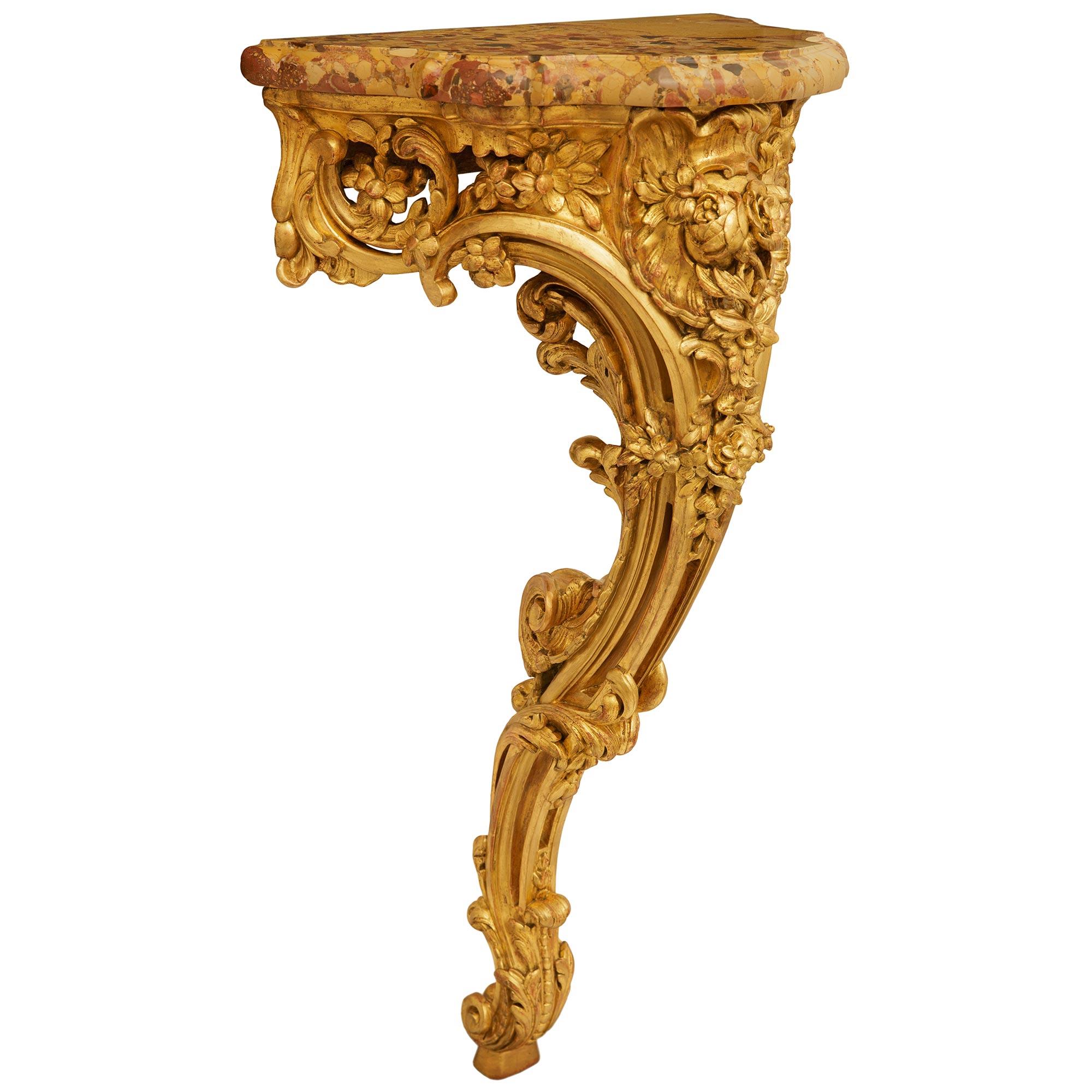 French Louis XV Period Giltwood and Breche D’Alep marble console For Sale