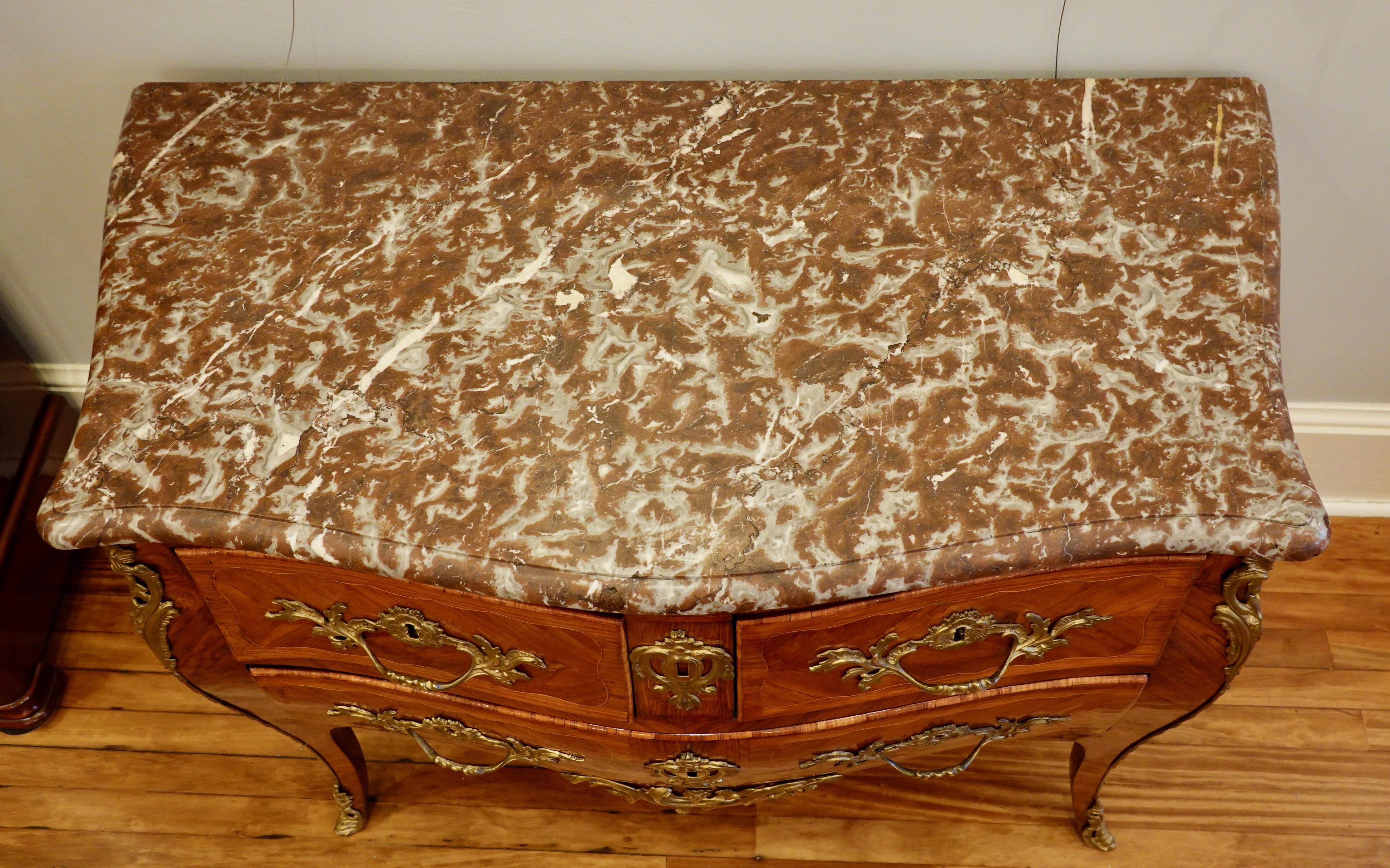 Louis XV Period Marquetry Stamped Commode with Rouge Royale Marble Top For Sale 1