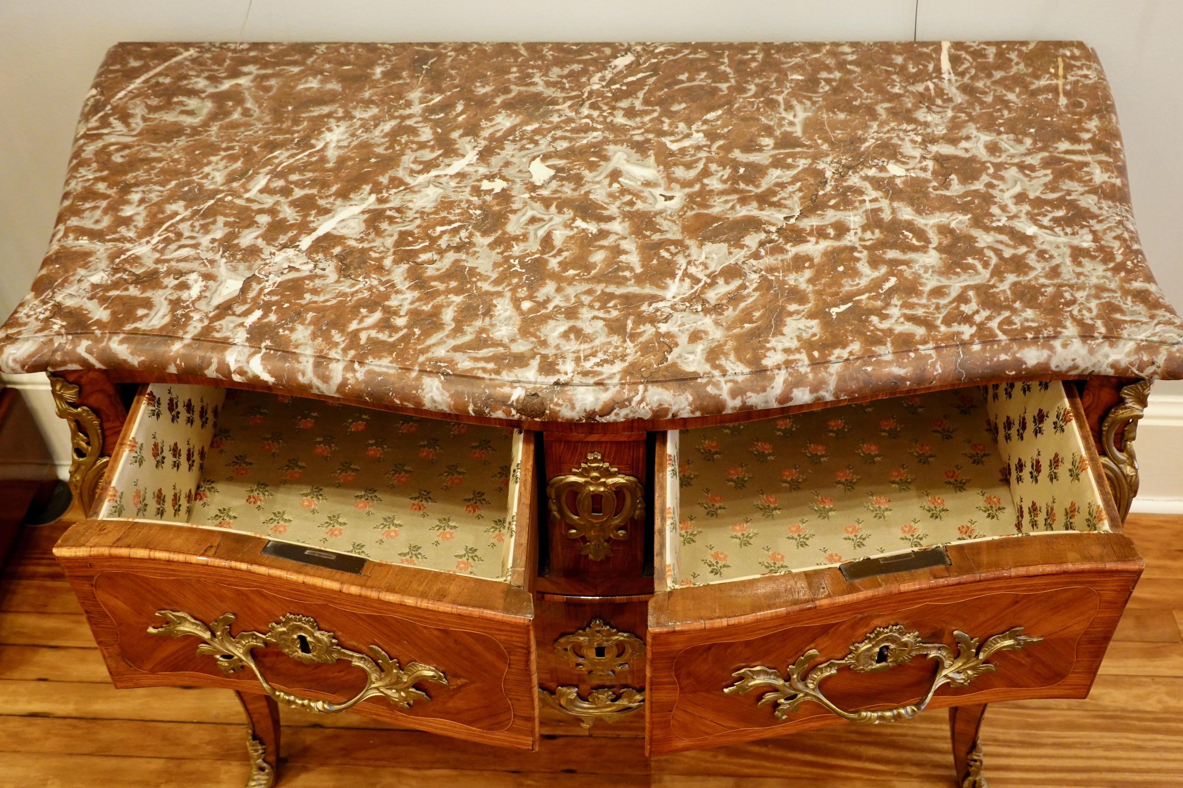 Louis XV Period Marquetry Stamped Commode with Rouge Royale Marble Top For Sale 2