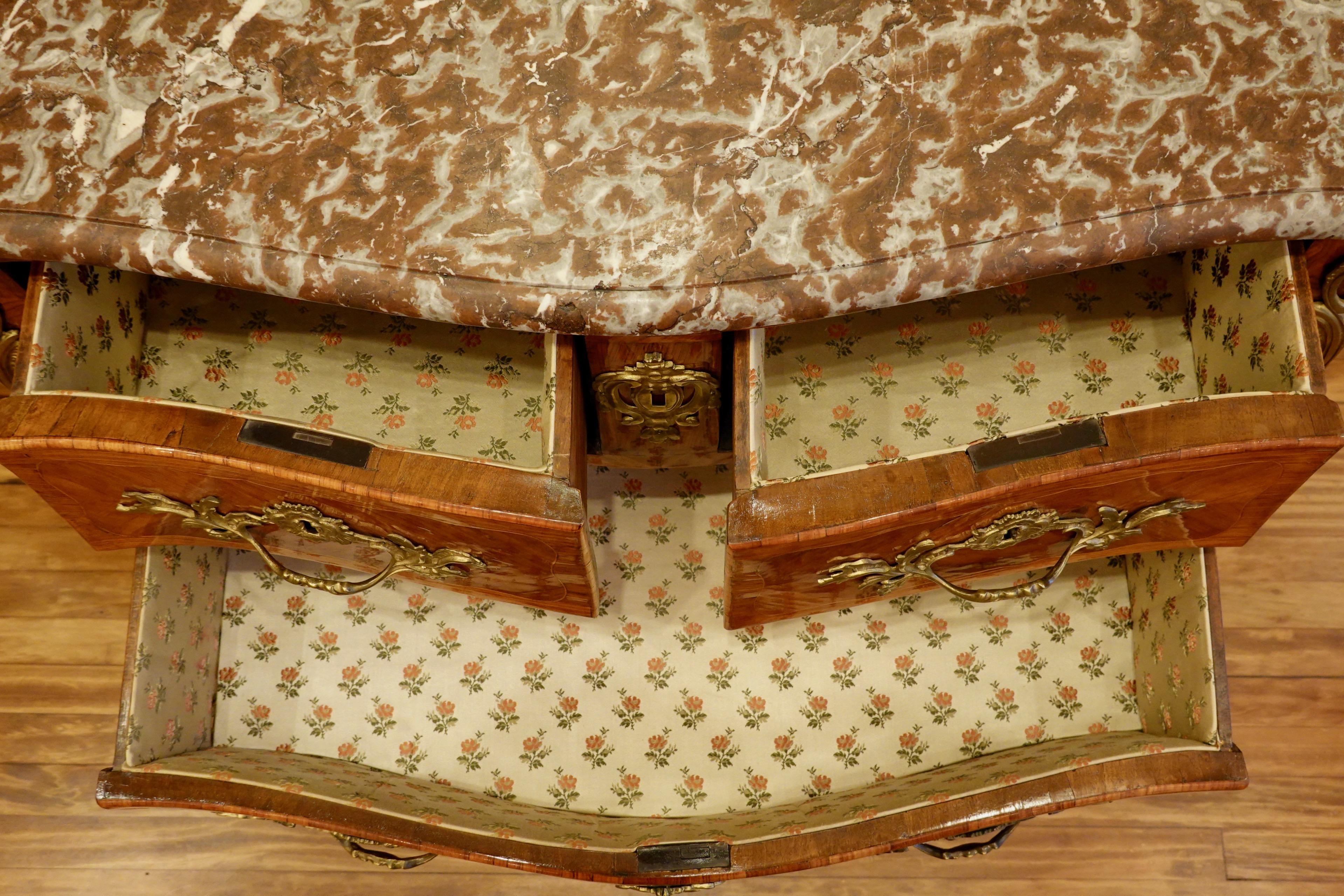 Louis XV Period Marquetry Stamped Commode with Rouge Royale Marble Top For Sale 5