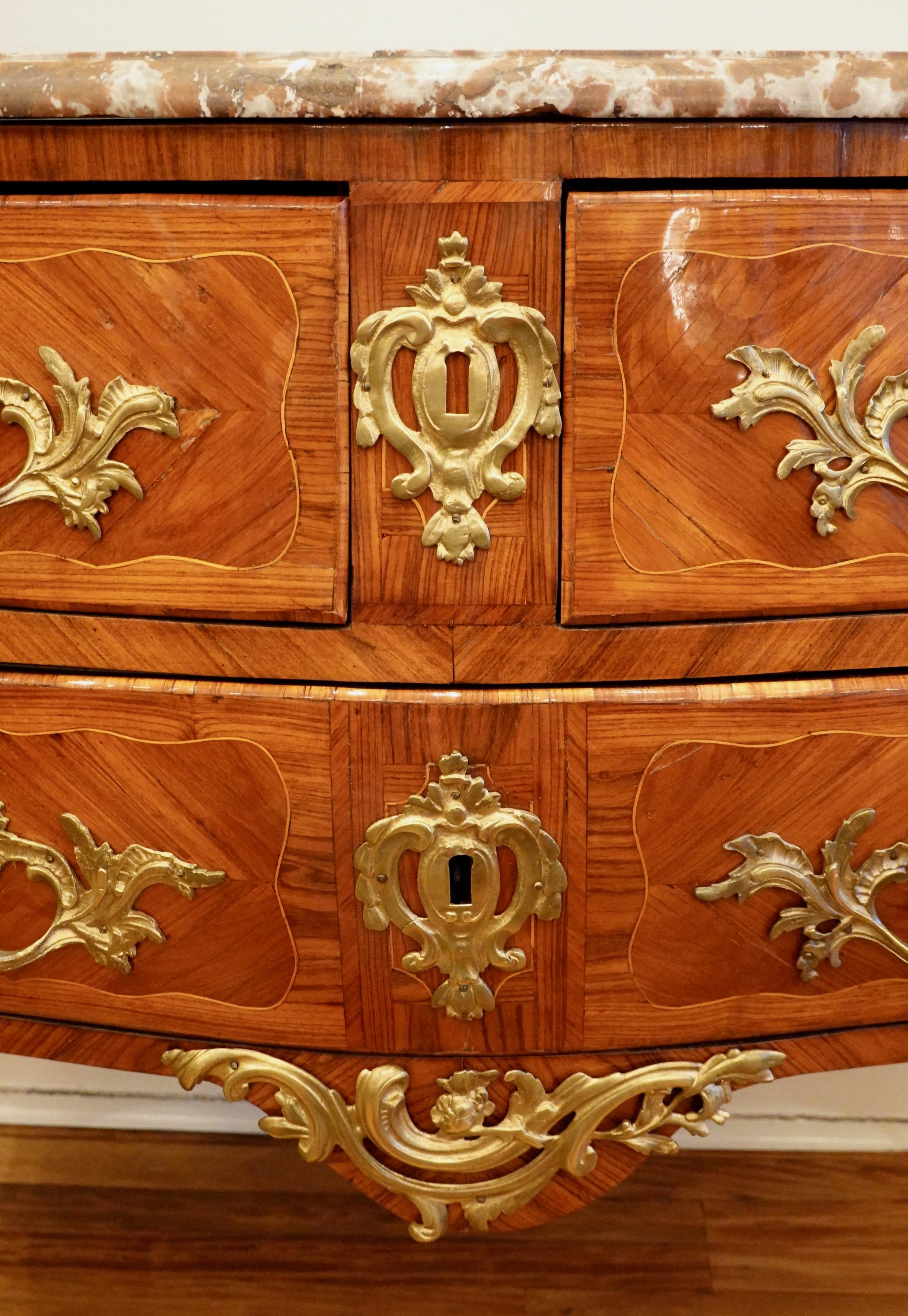 Louis XV Period Marquetry Stamped Commode with Rouge Royale Marble Top For Sale 7