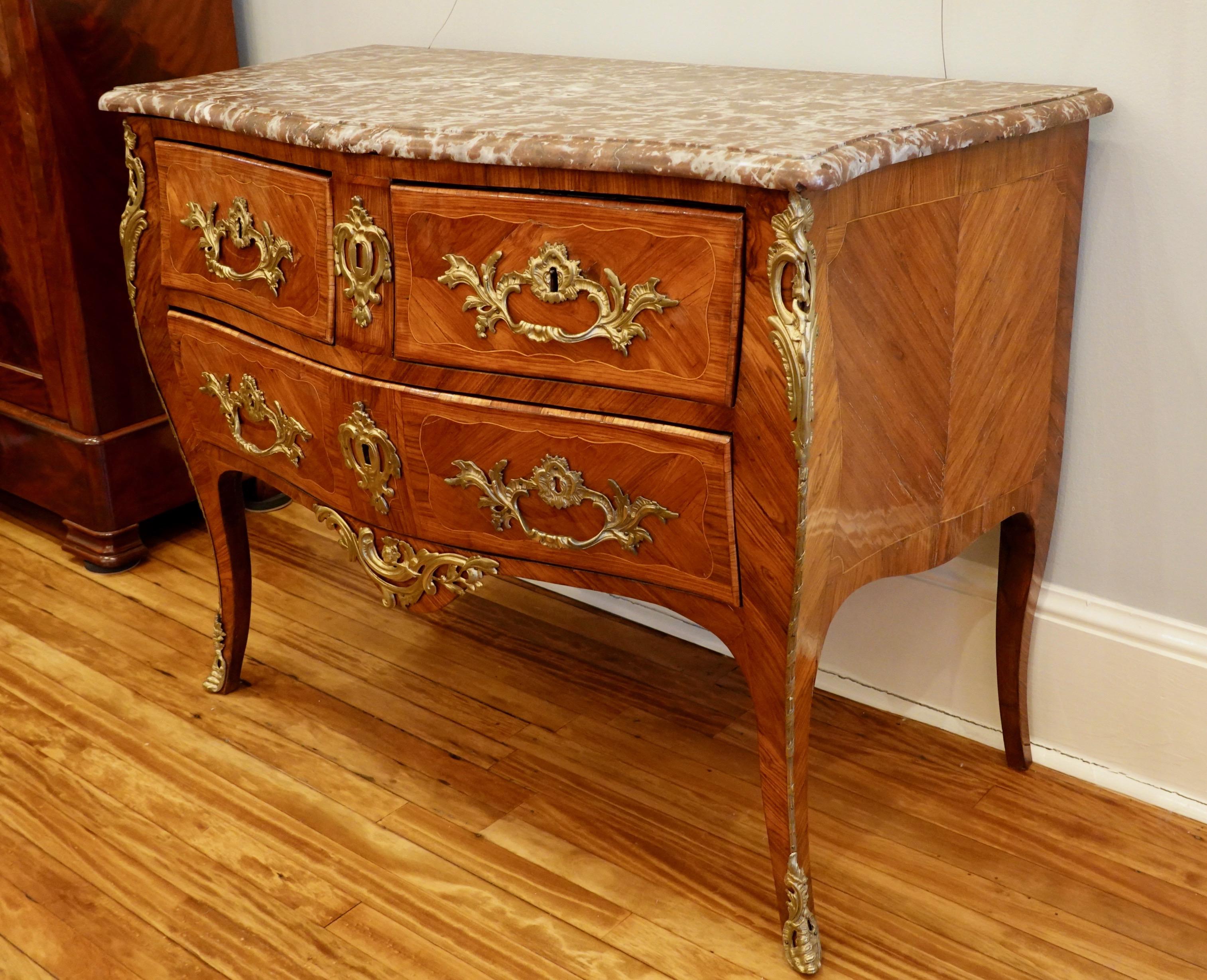 Louis XV Period Marquetry Stamped Commode with Rouge Royale Marble Top In Good Condition For Sale In Pembroke, MA