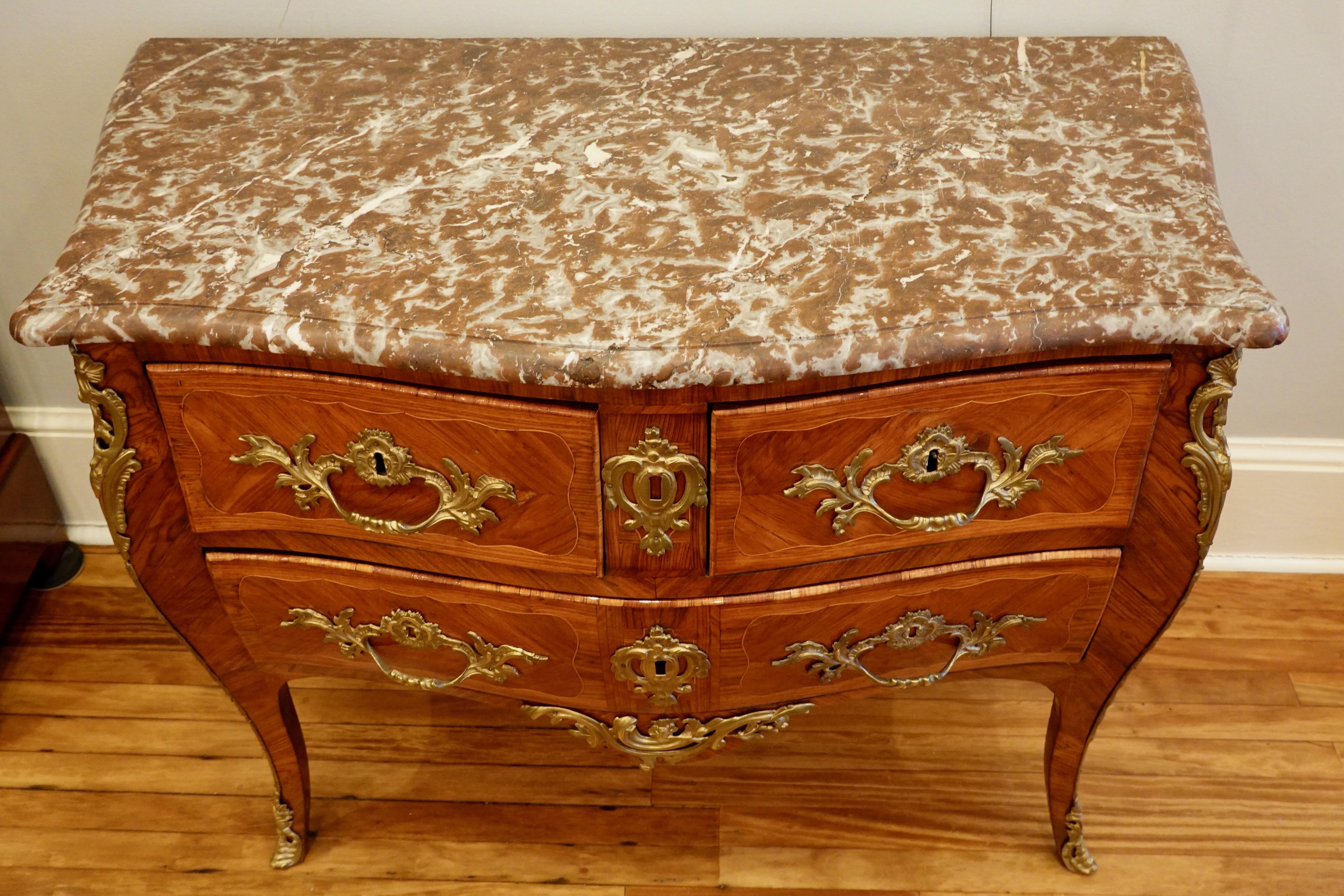 Bronze Louis XV Period Marquetry Stamped Commode with Rouge Royale Marble Top For Sale
