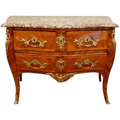 Louis XV Period Marquetry Stamped Commode with Rouge Royale Marble Top