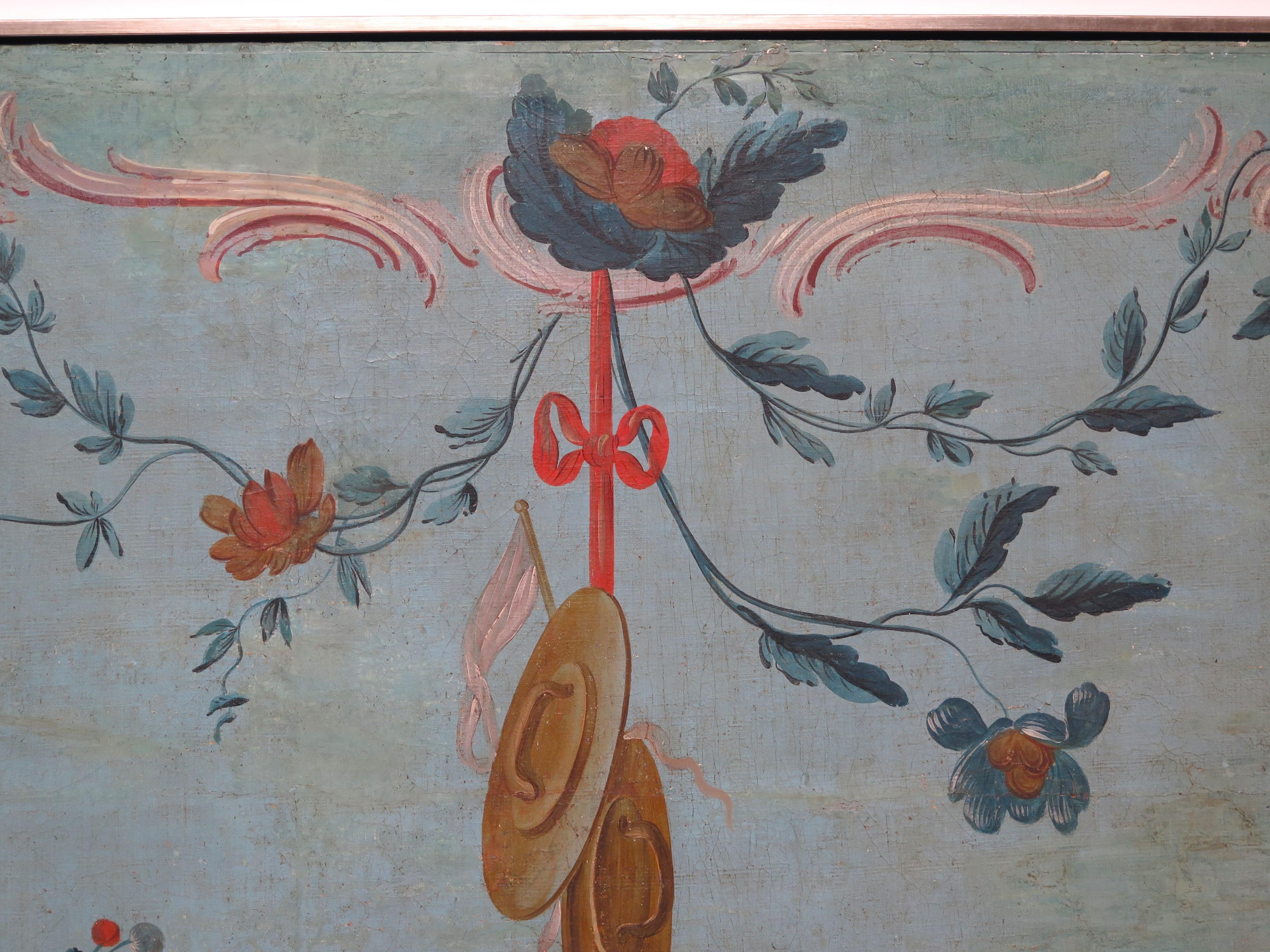 large-scale, grand Louis XV painted canvas panel once set in boiserie, very fashionable exotic Chinoiserie decoration, great colors, beautiful scene, a seated man relaxing in the shade wearing a large brimmed hat and drinking from a blue and white