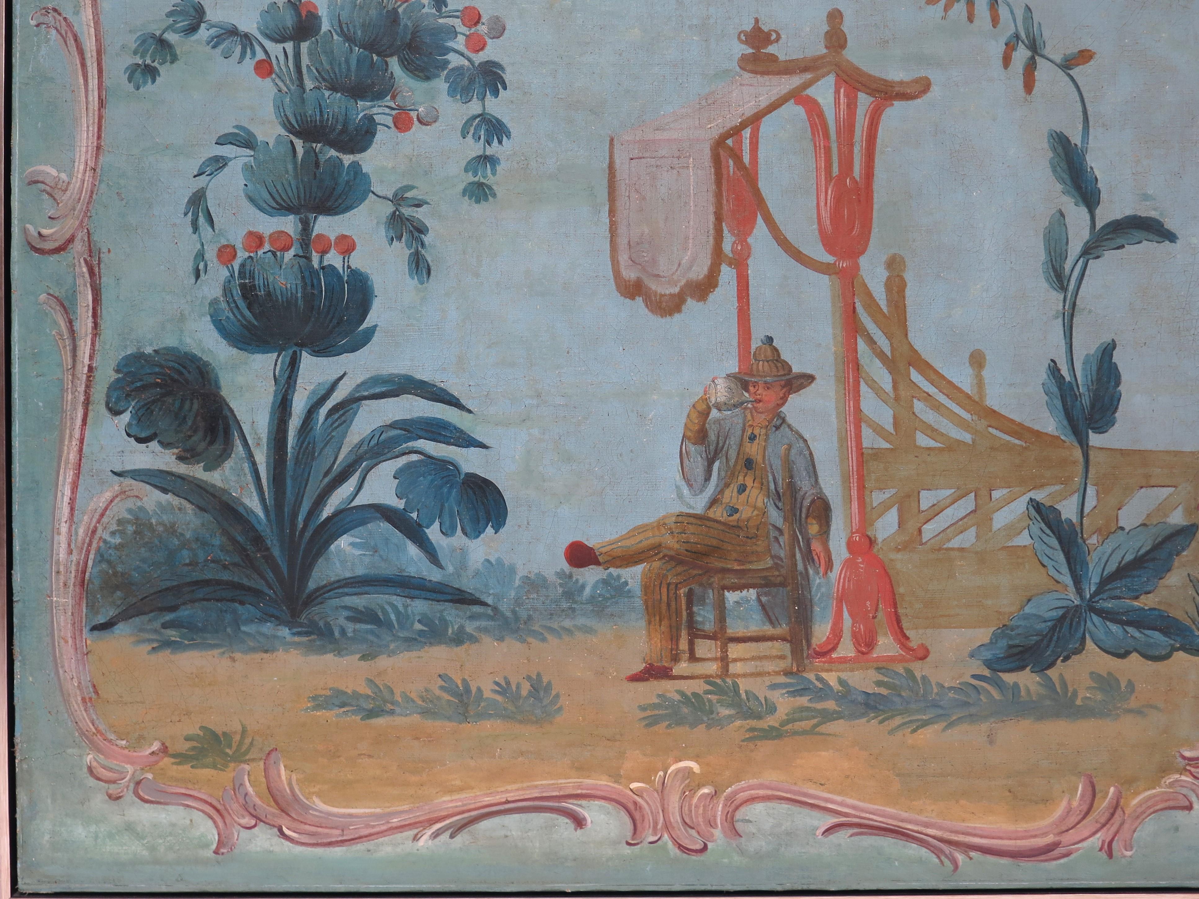 French Louis XV-Period Painted Canvas Chinoiserie Panel Framed For Sale