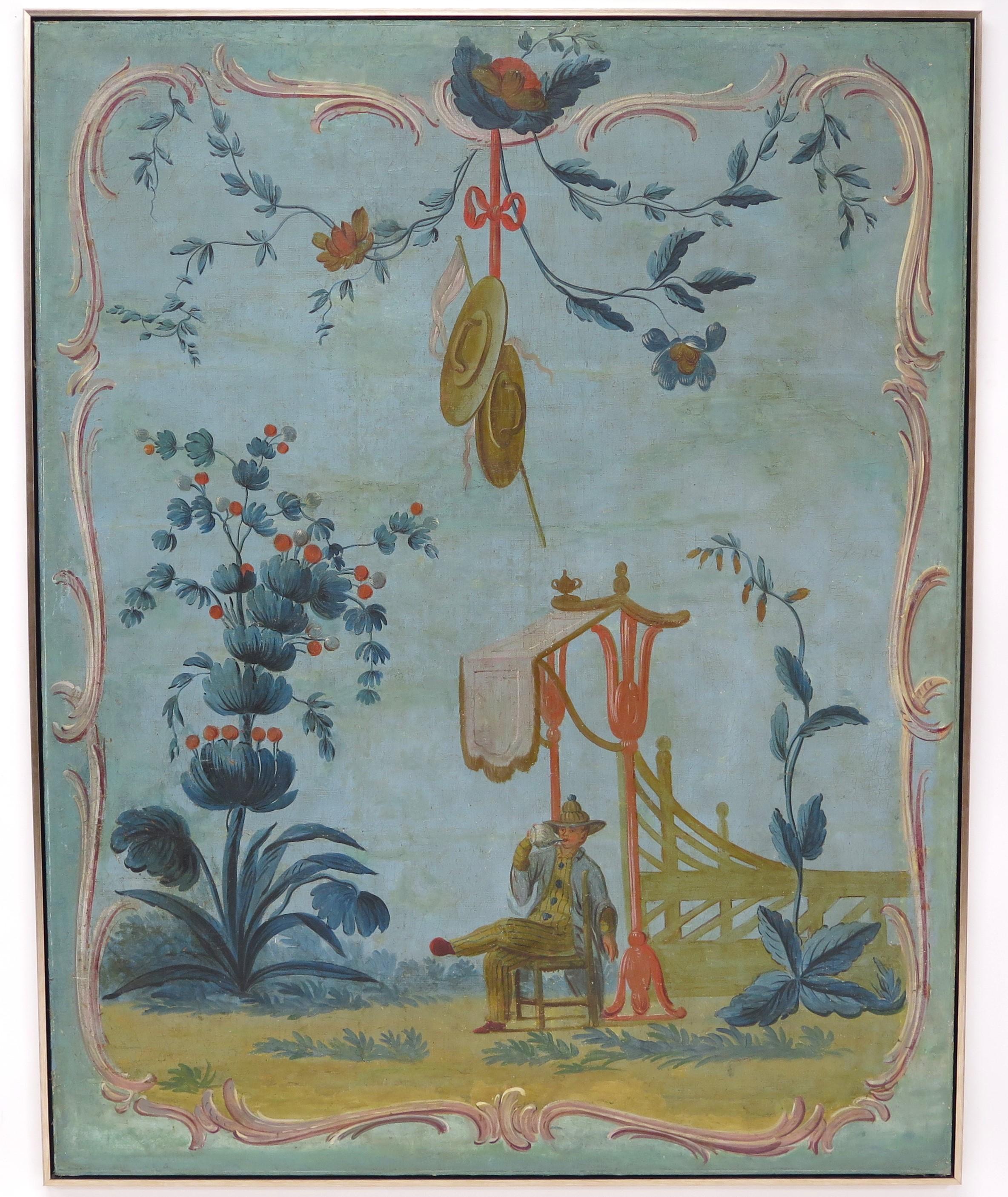 Louis XV-Period Painted Canvas Chinoiserie Panel Framed For Sale 1