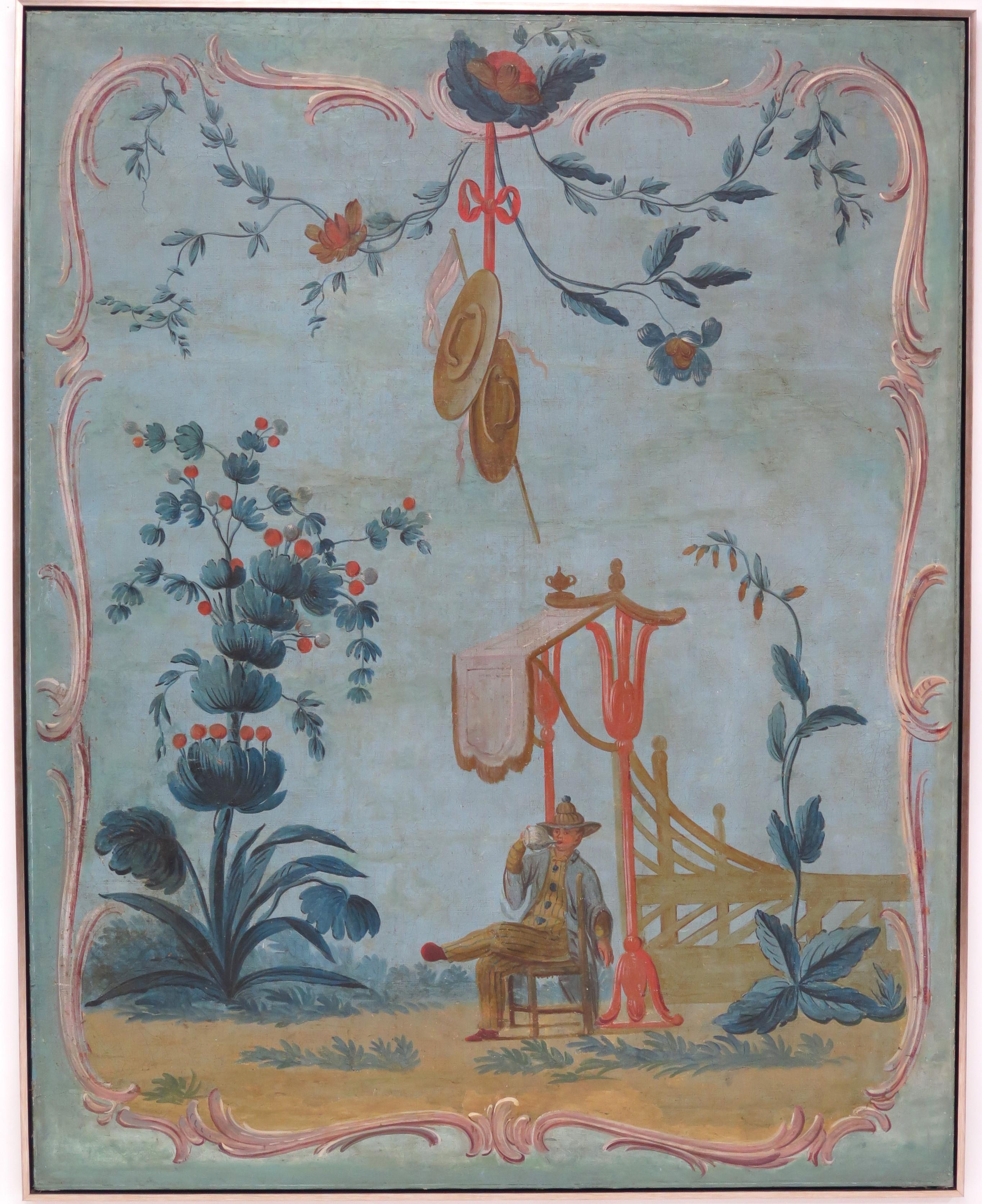 Louis XV-Period Painted Canvas Chinoiserie Panel Framed For Sale 2