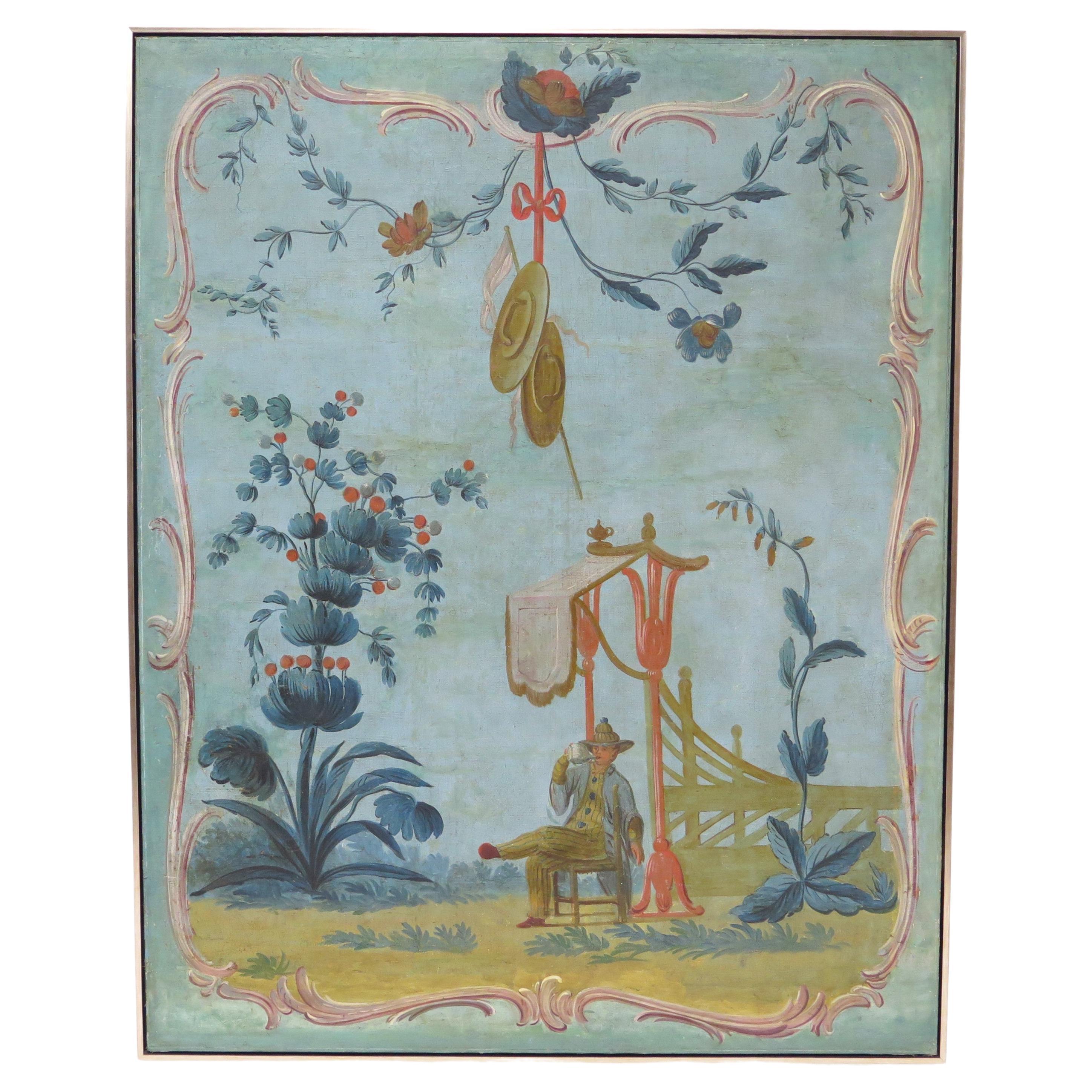 Louis XV-Period Painted Canvas Chinoiserie Panel Framed