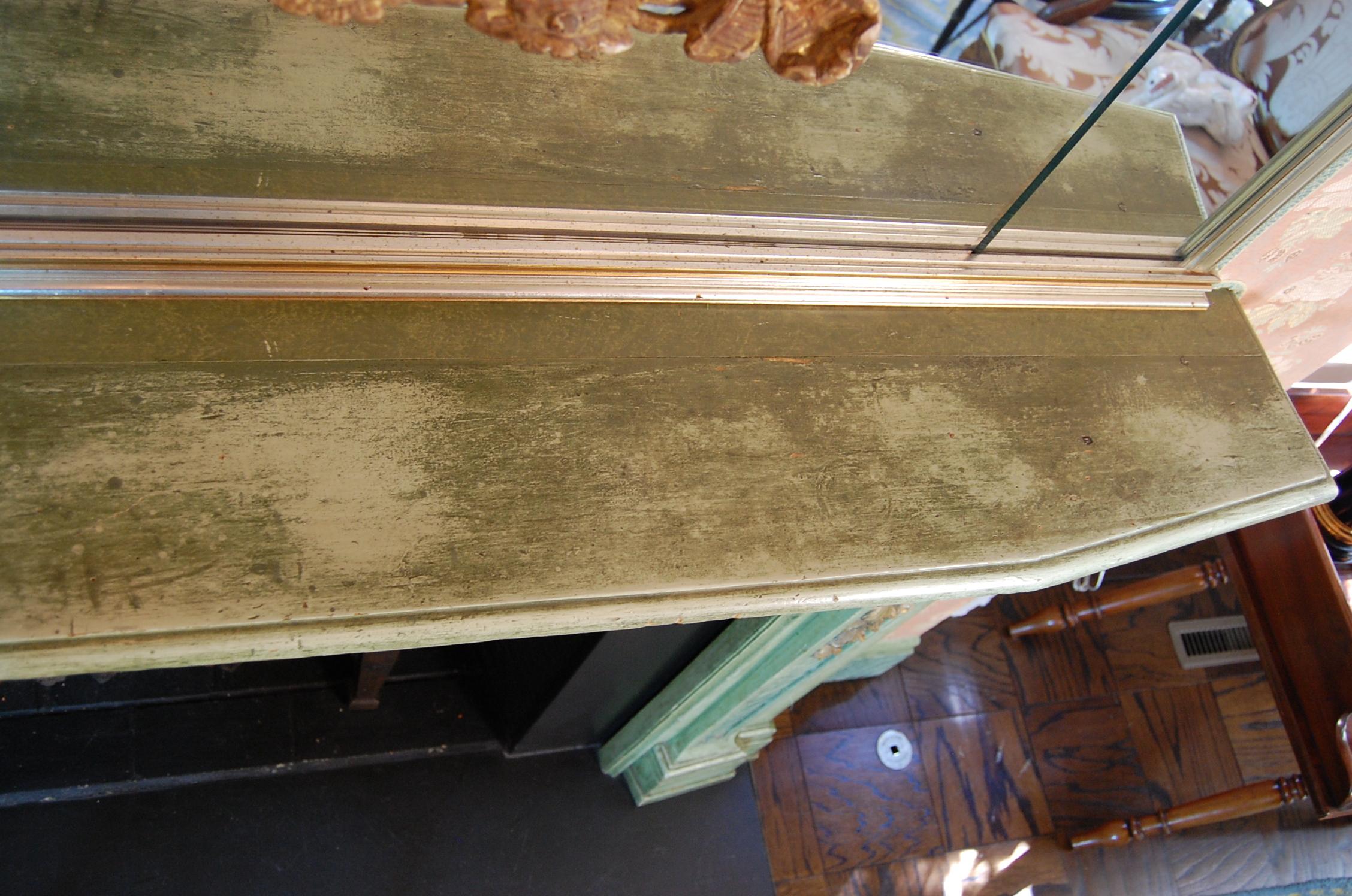 Wood Louis XV Period Painted Mantel in Original Green Paint and Gold Leaf Mid-18th C. For Sale