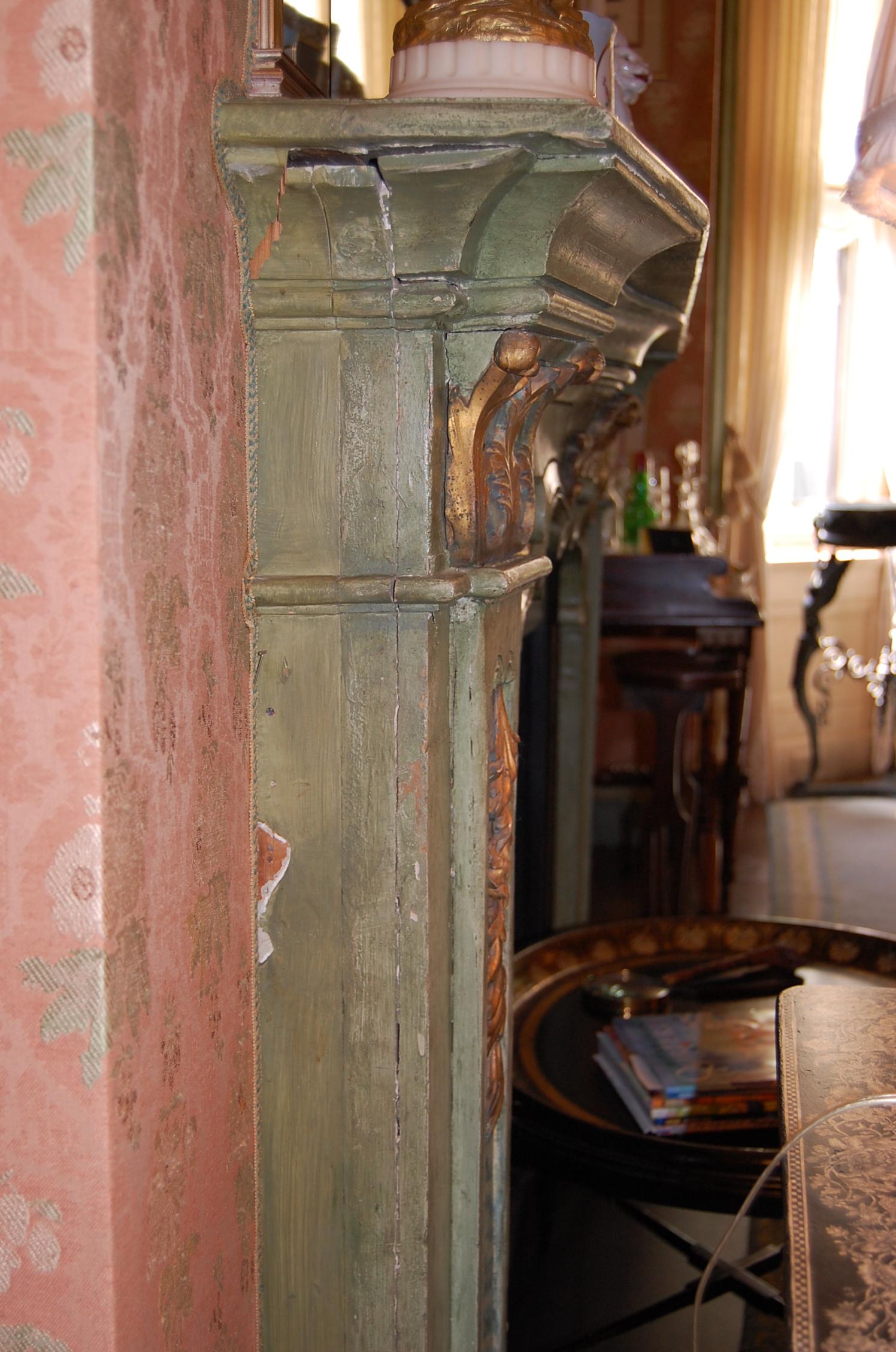 Louis XV Period Painted Mantel in Original Green Paint and Gold Leaf Mid-18th C. For Sale 1