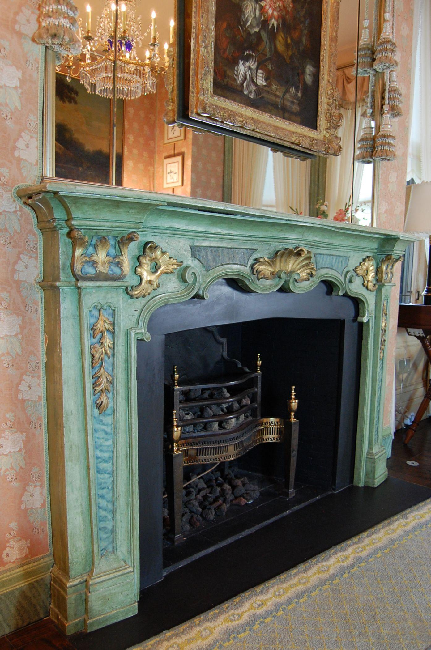 French Louis XV Period Painted Mantel in Original Green Paint and Gold Leaf Mid-18th C. For Sale