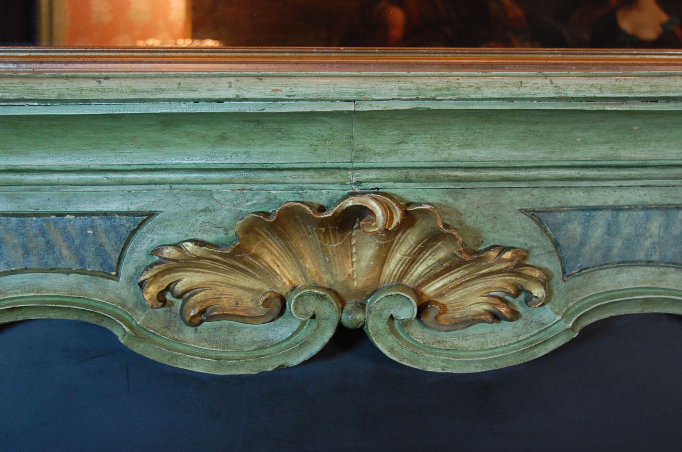 Hand-Carved Louis XV Period Painted Mantel in Original Green Paint and Gold Leaf Mid-18th C. For Sale