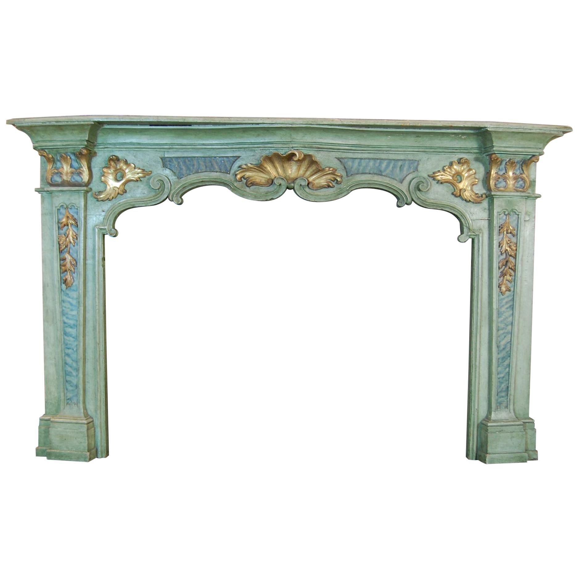 Louis XV Period Painted Mantel in Original Green Paint and Gold Leaf Mid-18th C. For Sale