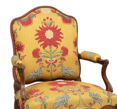 Louis XV Period Walnut Fauteuils in Red Rubelli Fabric with Birds and Flowers