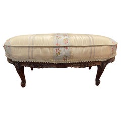 Louis XV Provincial Carved Walnut Footstool Upholstered in Silk, 19th Century