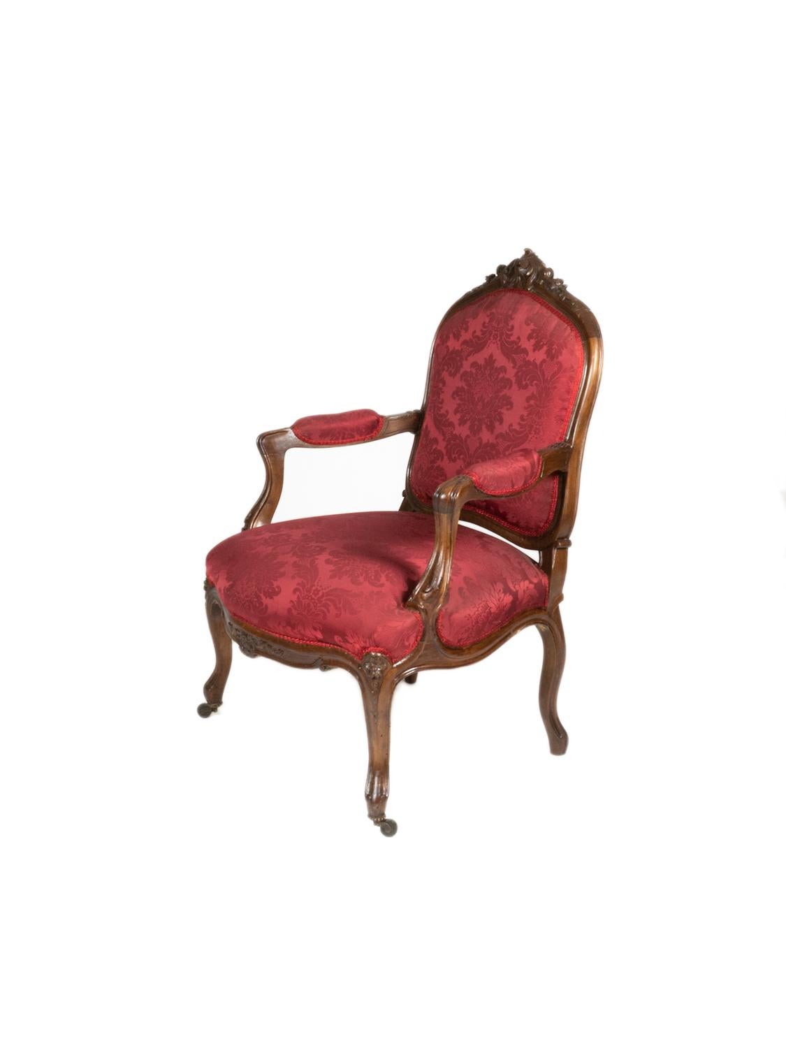 Wood Louis XV Red À La Reine Armchair, 19th Century For Sale