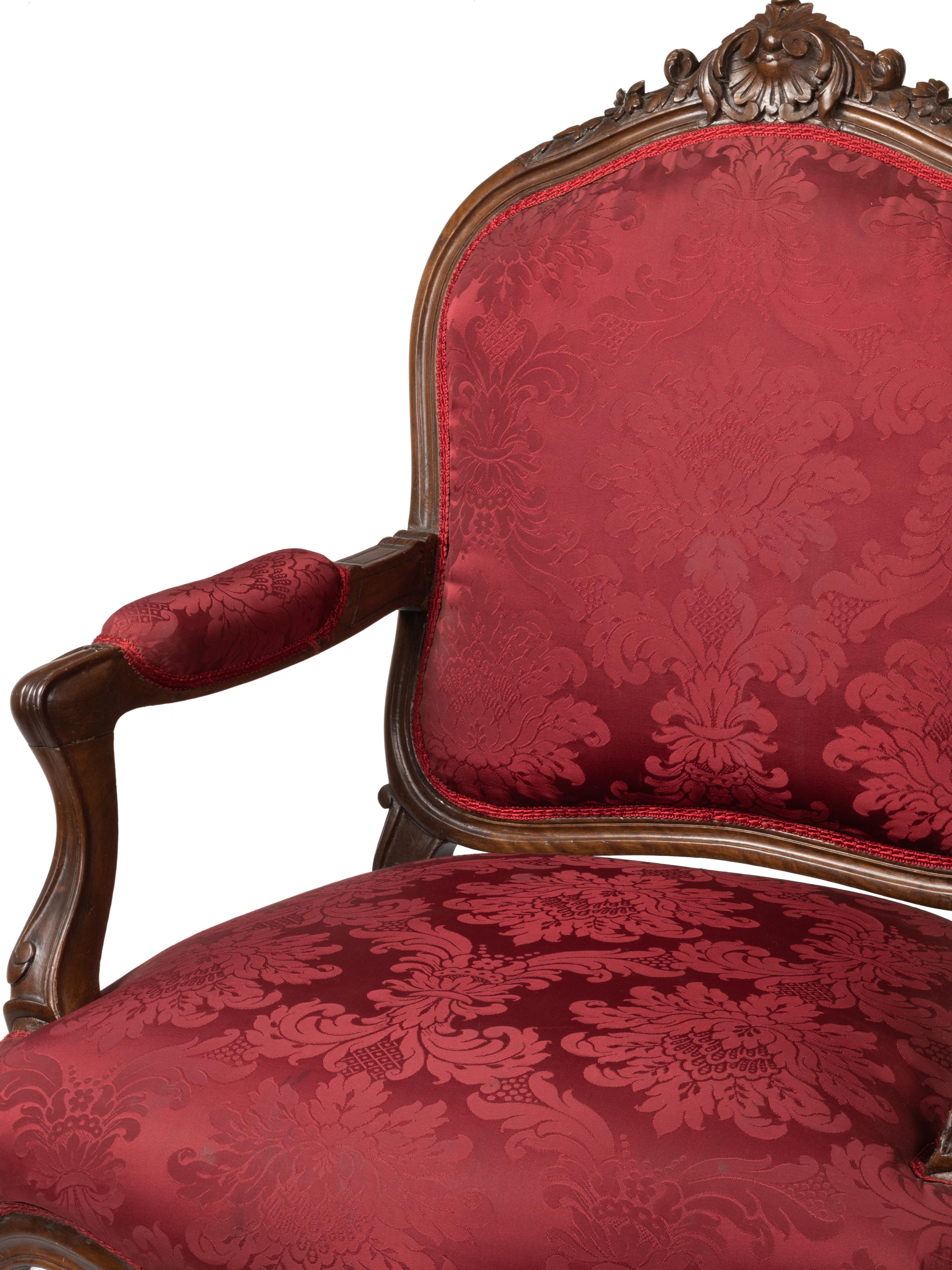Sillón Luis XV Rojo À La Reine, Siglo XIX Damasco en venta