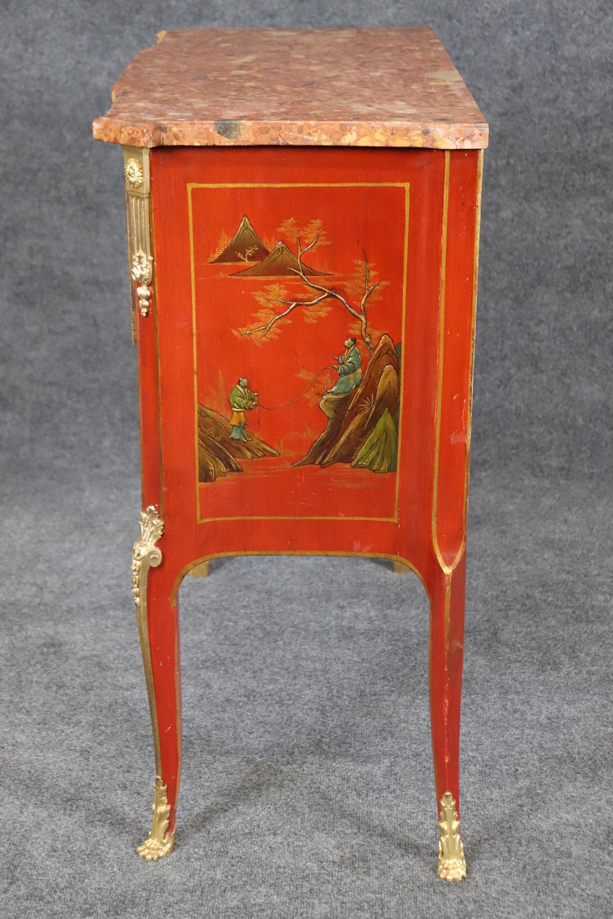Louis XV Red Chinese Raised Gold Paint Decorated Kahn & Cie of France Commode 4