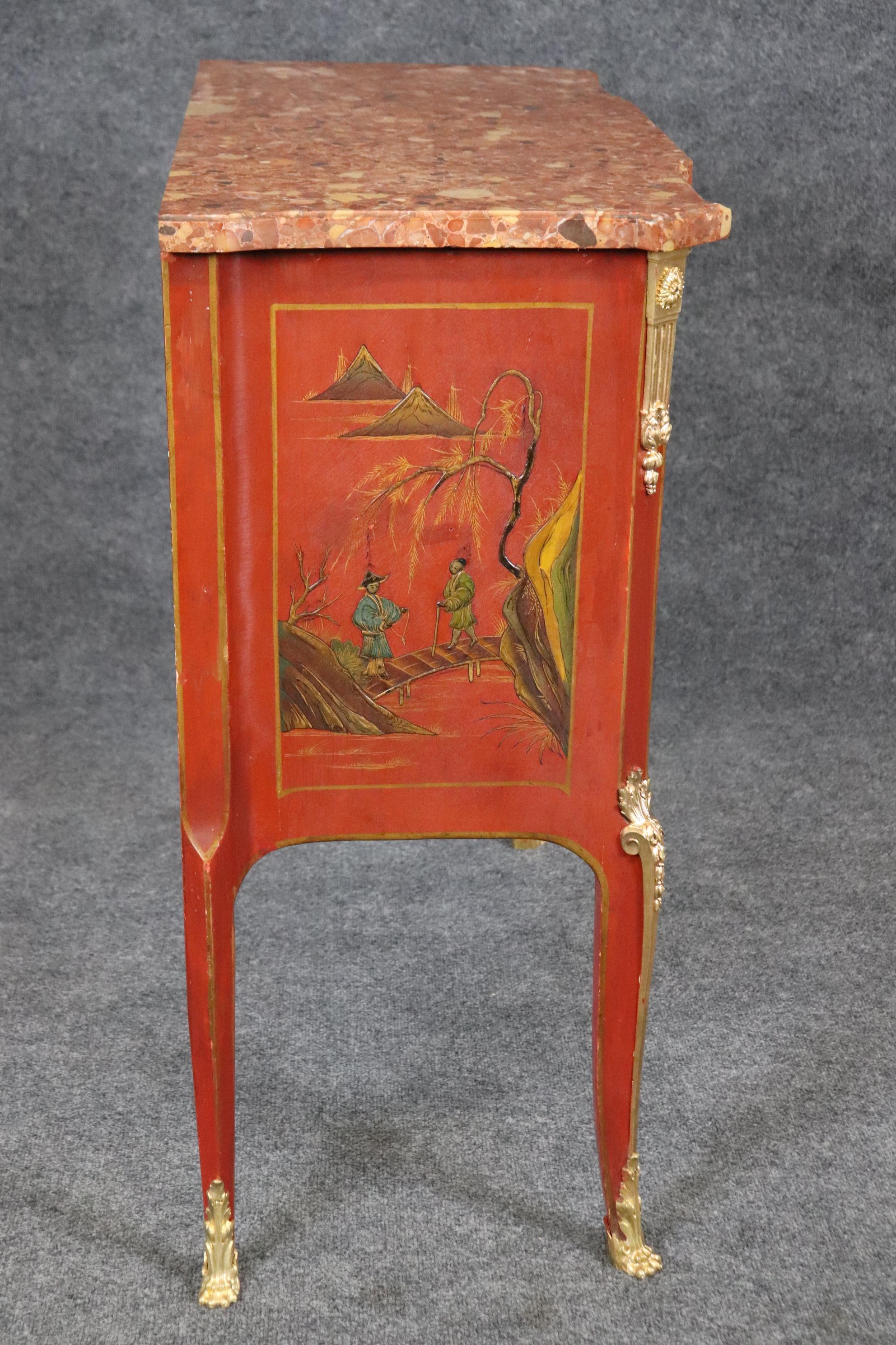 Louis XV Red Chinese Raised Gold Paint Decorated Kahn & Cie of France Commode 6