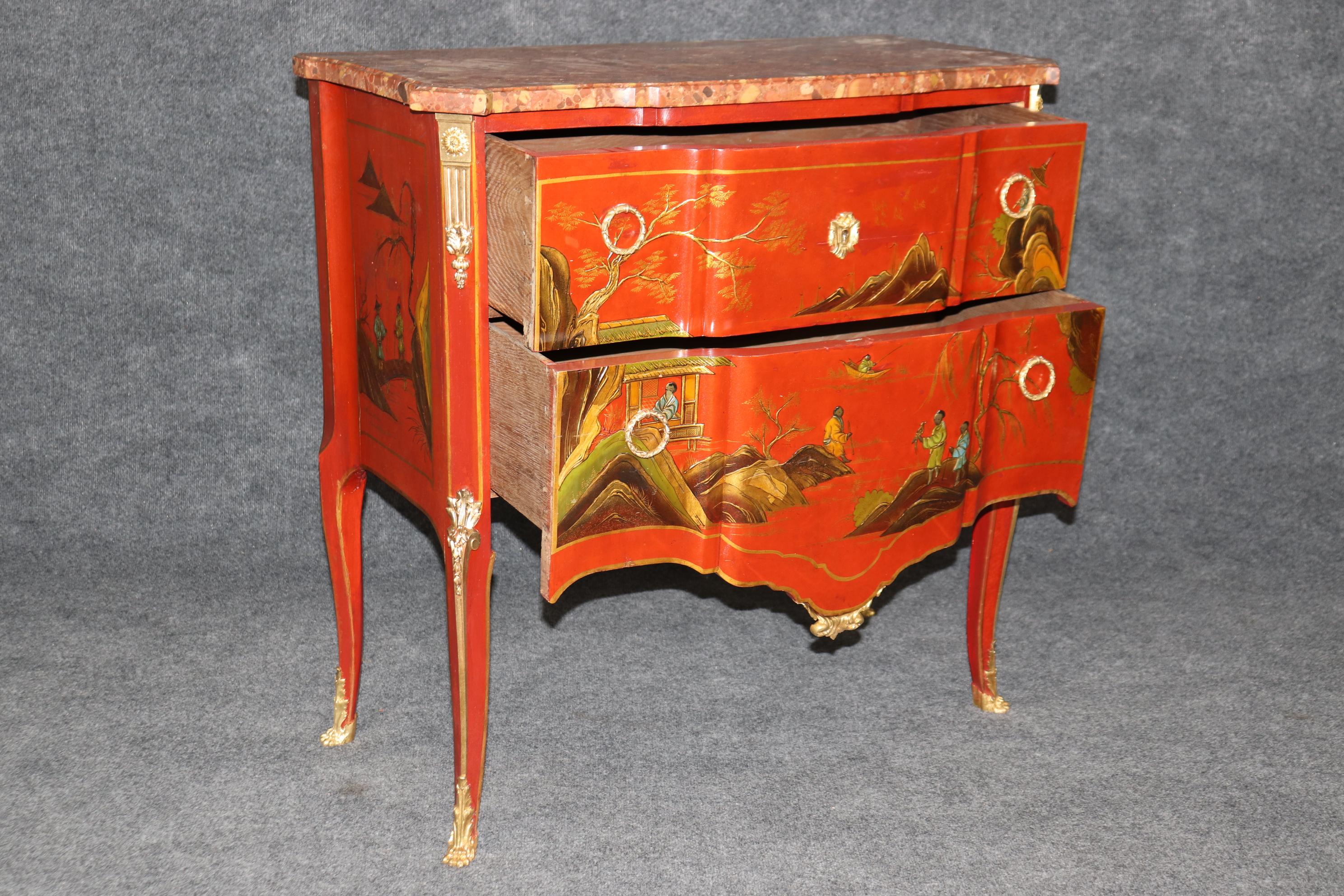 Louis XV Red Chinese Raised Gold Paint Decorated Kahn & Cie of France Commode 7