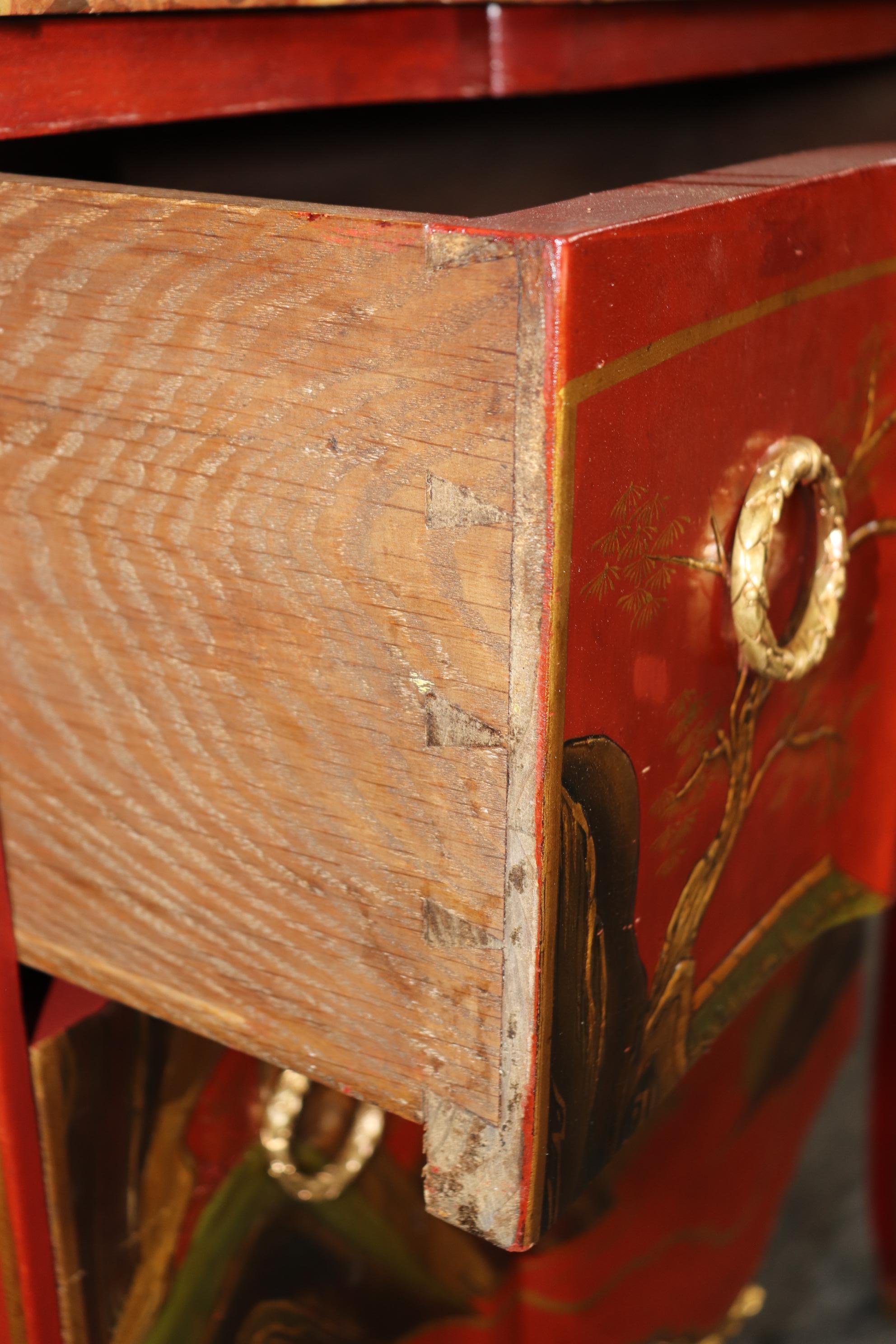 Bronze Louis XV Red Chinese Raised Gold Paint Decorated Kahn & Cie of France Commode