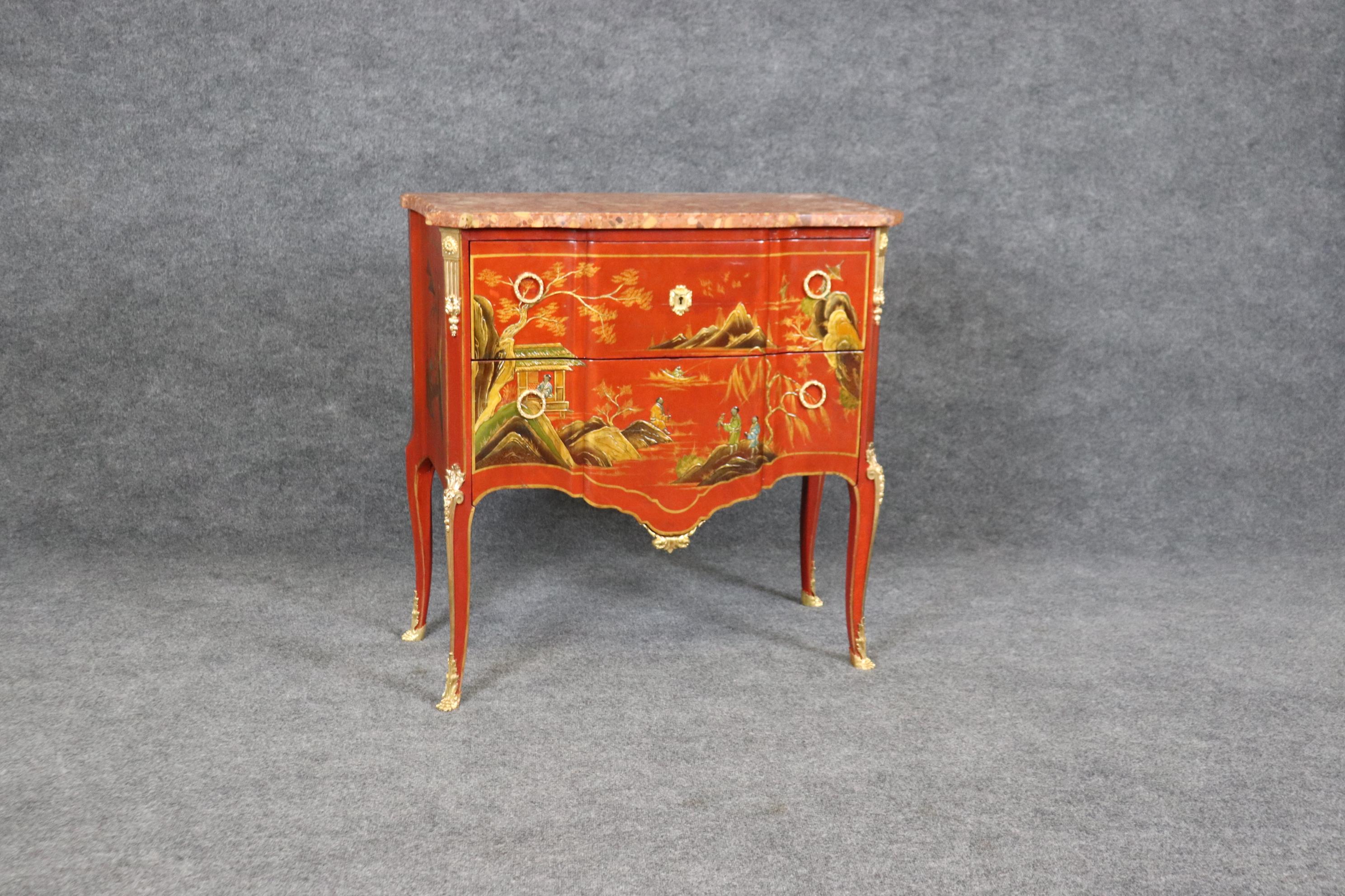Louis XV Red Chinese Raised Gold Paint Decorated Kahn & Cie of France Commode 2