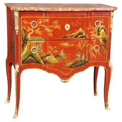 Antique Louis XV Red Chinese Raised Gold Paint Decorated Kahn & Cie of France Commode