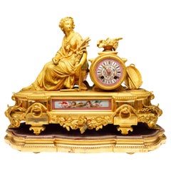 Louis XV Revival French Gilt Metal & Pink Sevres Style Porcelain Mantel Clock 