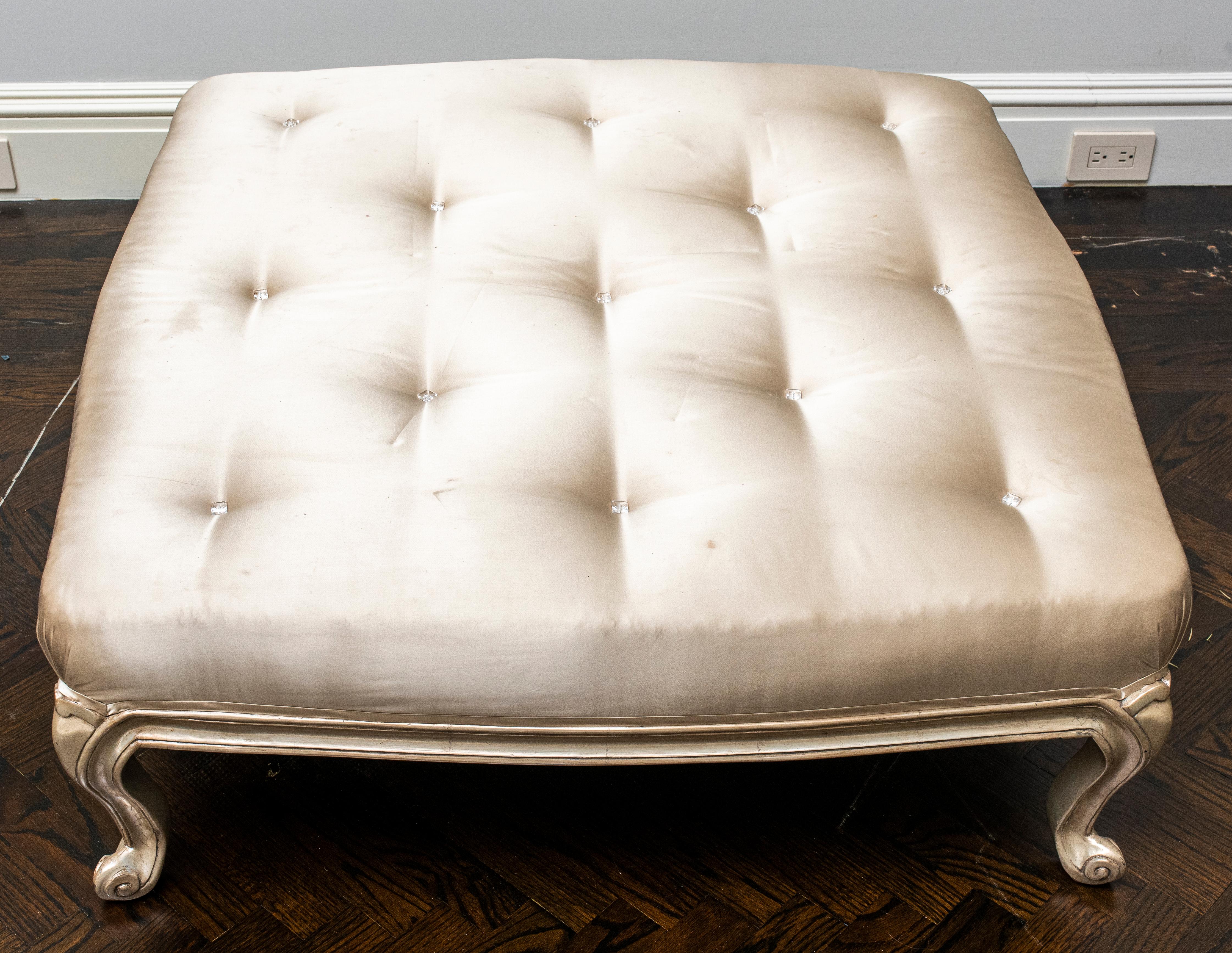 Louis XV revival large carved and silvered wood upholstered ottoman with cabriole legs. 14.5