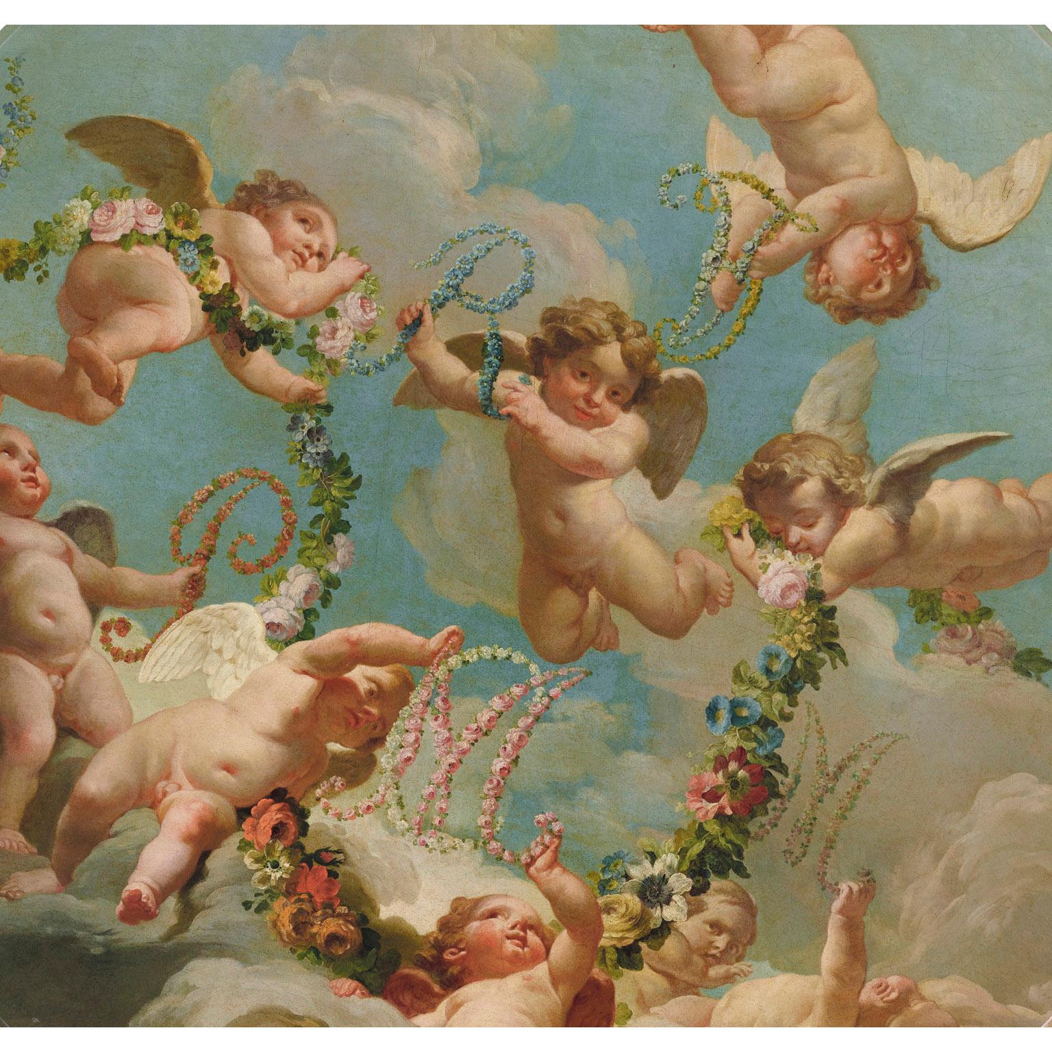 A very fine and large French 18th century Louis XV Rococo whimsical circular oil on canvas of cherubs hovering in the clouds, school of François Boucher (French, 1703–1770), former Property from the Private Collection of Jayne Wrightsman. The