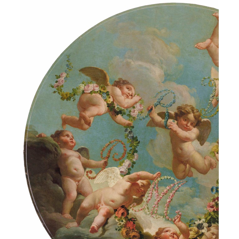 French Louis XV Rococo Circular Oil on Canvas Cherub Hovering in Clouds, Boucher School For Sale