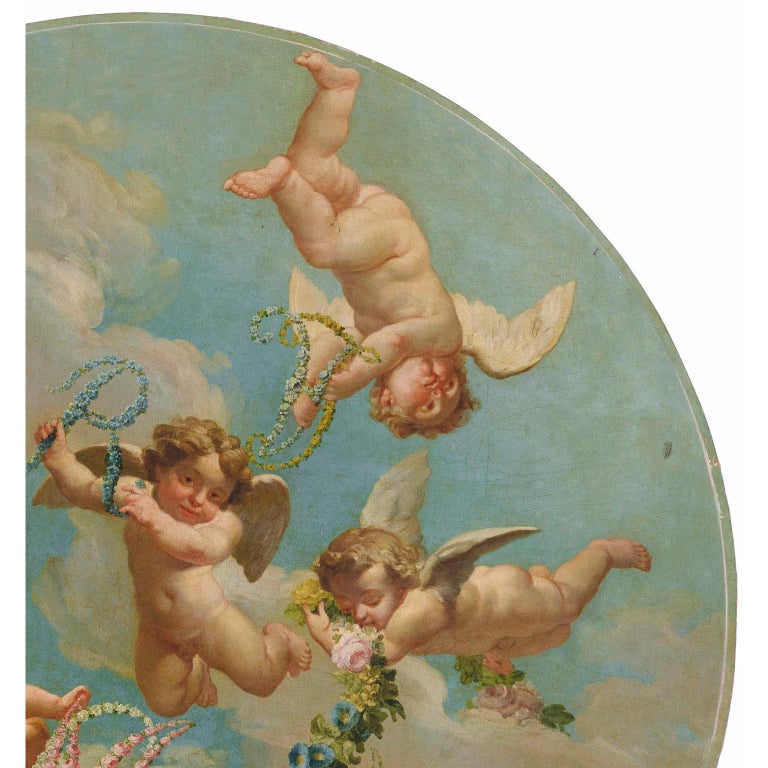 Hand-Painted Louis XV Rococo Circular Oil on Canvas Cherub Hovering in Clouds, Boucher School For Sale
