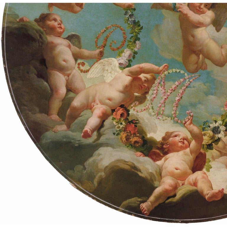 Louis XV Rococo Circular Oil on Canvas Cherub Hovering in Clouds, Boucher School In Good Condition For Sale In Los Angeles, CA