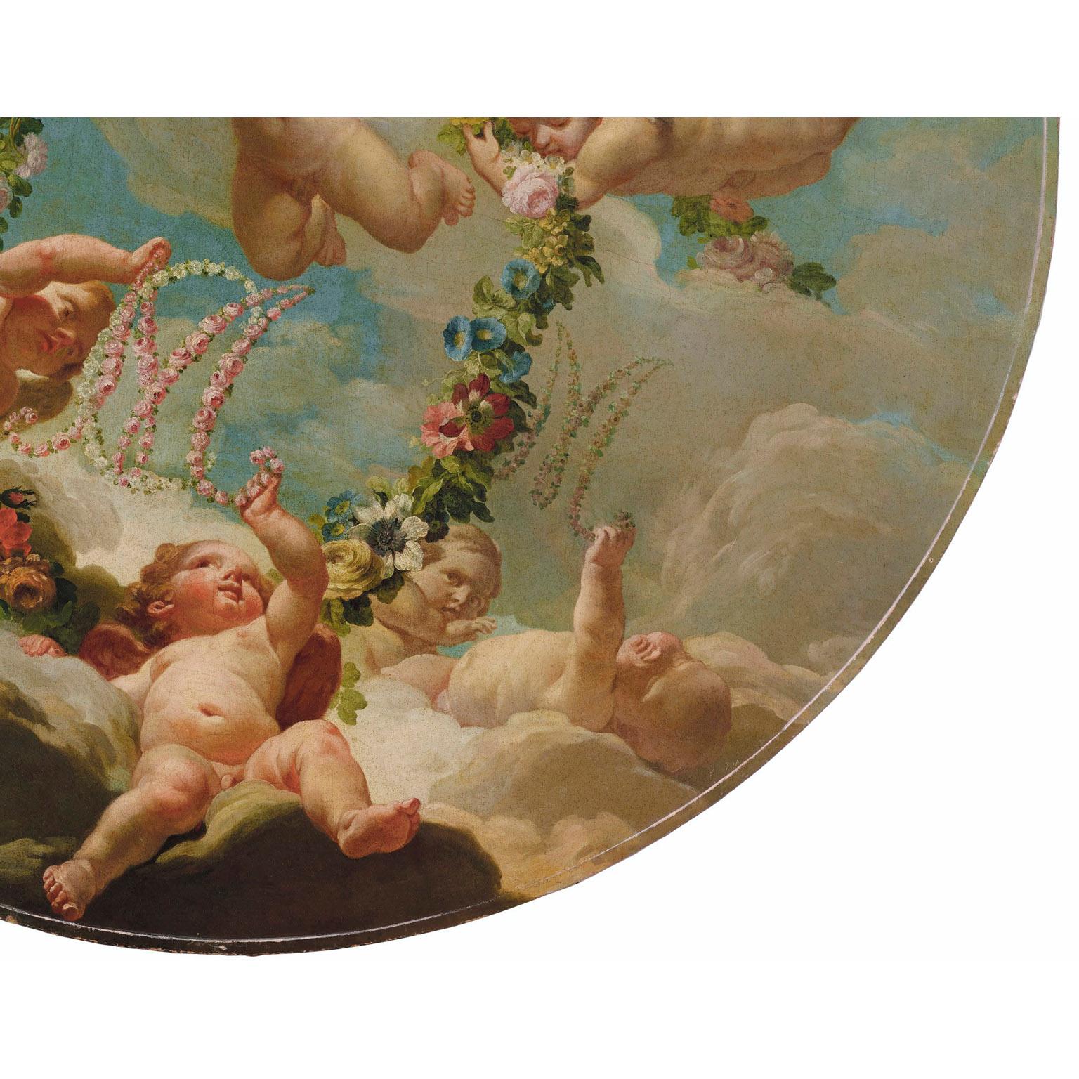 French Louis XV Rococo Circular Oil on Canvas Cherub Hovering in Clouds, Boucher School