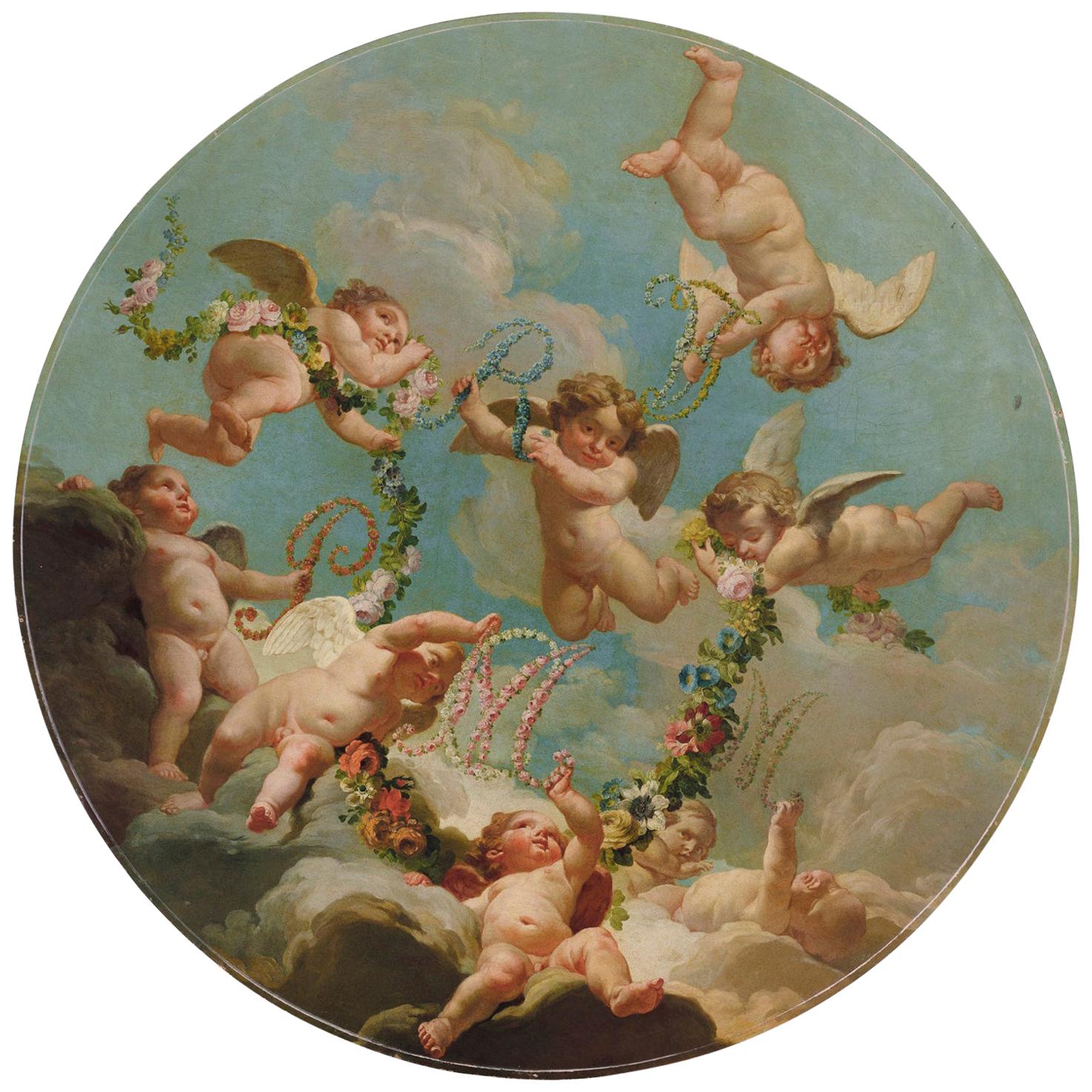 Louis XV Rococo Circular Oil on Canvas Cherub Hovering in Clouds, Boucher School