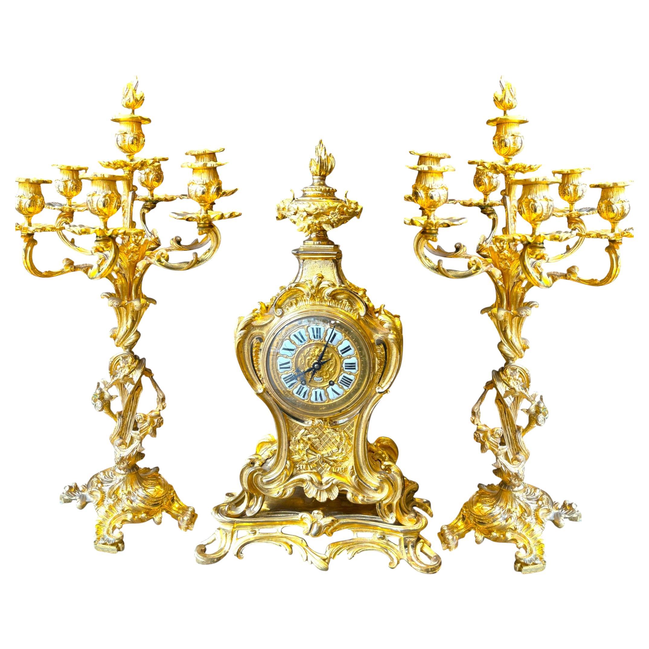 Louis XV Rococo Gilt Bronze Mantel Garniture, 19th Century