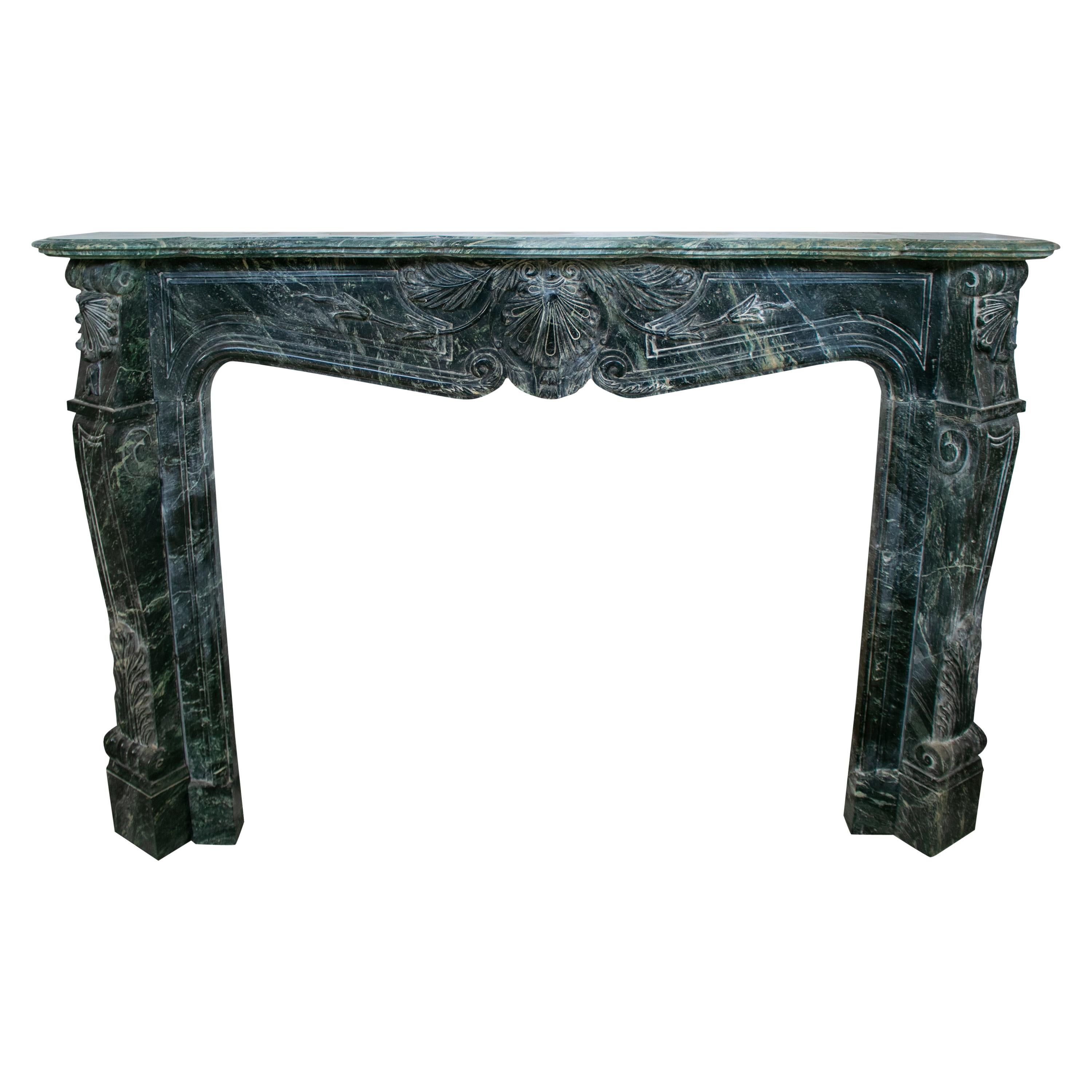 Louis XV Rococo Hand Carved Serpentine Green Marble Fireplace Mantle