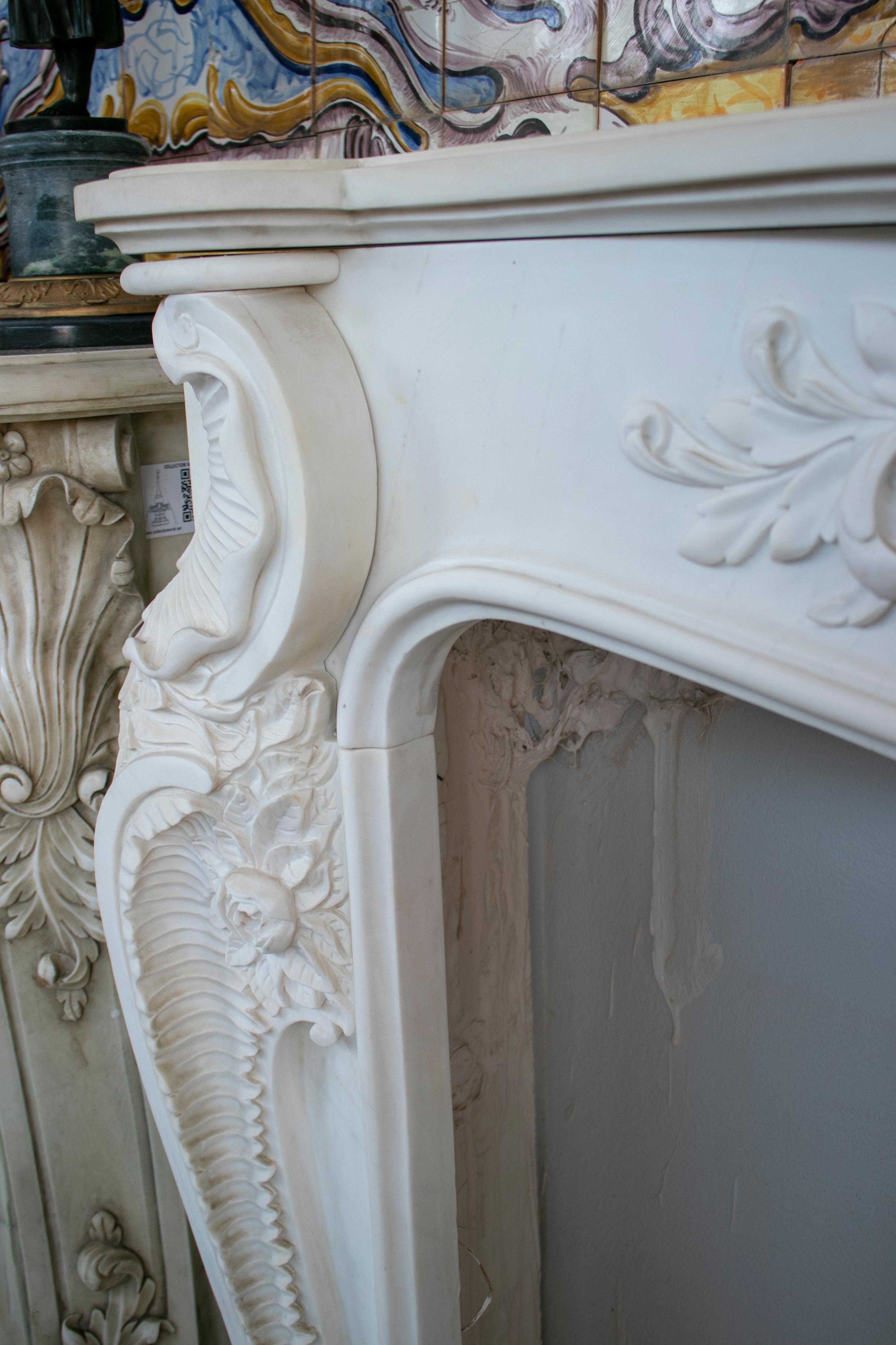 Louis XV Rococo Hand Carved White Carrara Marble Fireplace Mantle 6