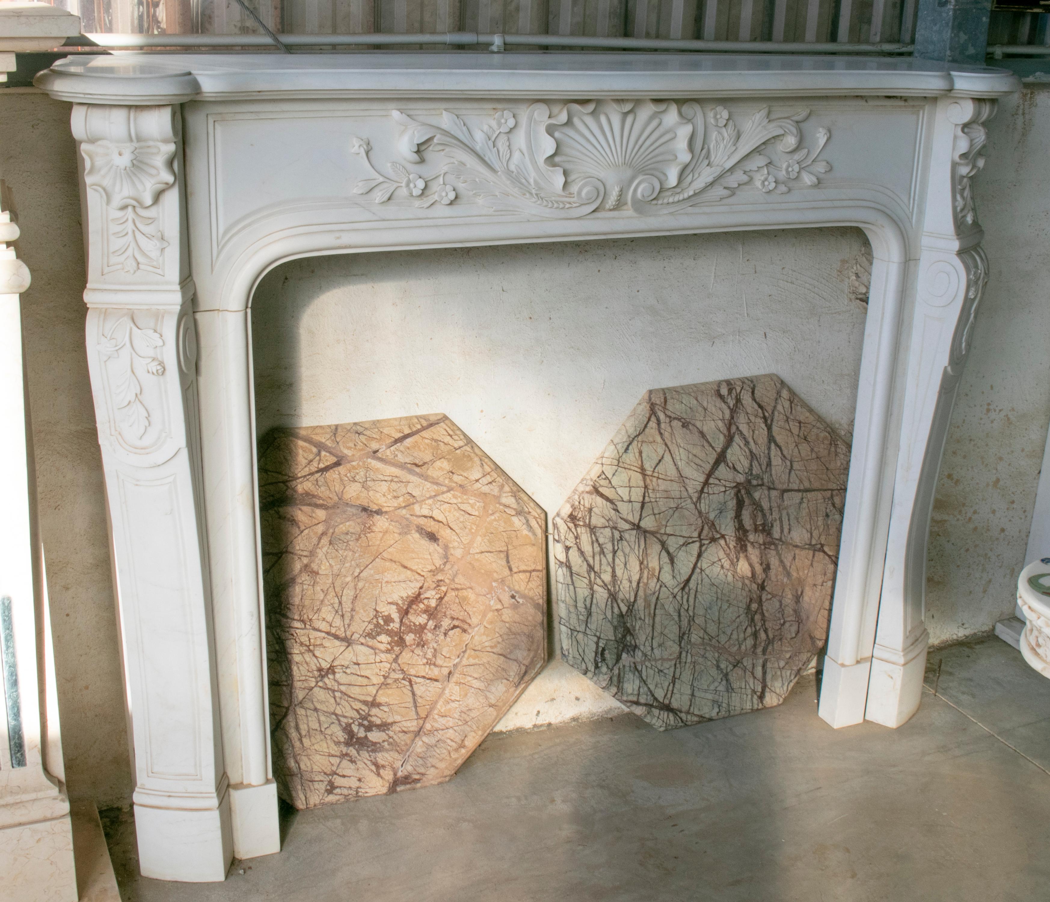 Louis XV Rococo hand carved white Carrara marble fireplace mantel (fireplace).