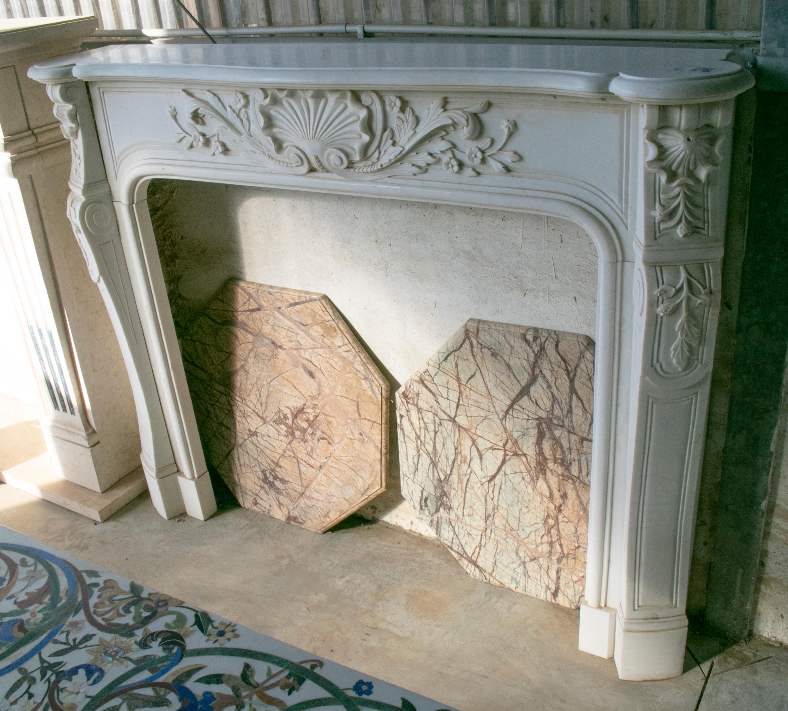 European Louis XV Rococo Hand Carved White Carrara Marble Fireplace Mantle