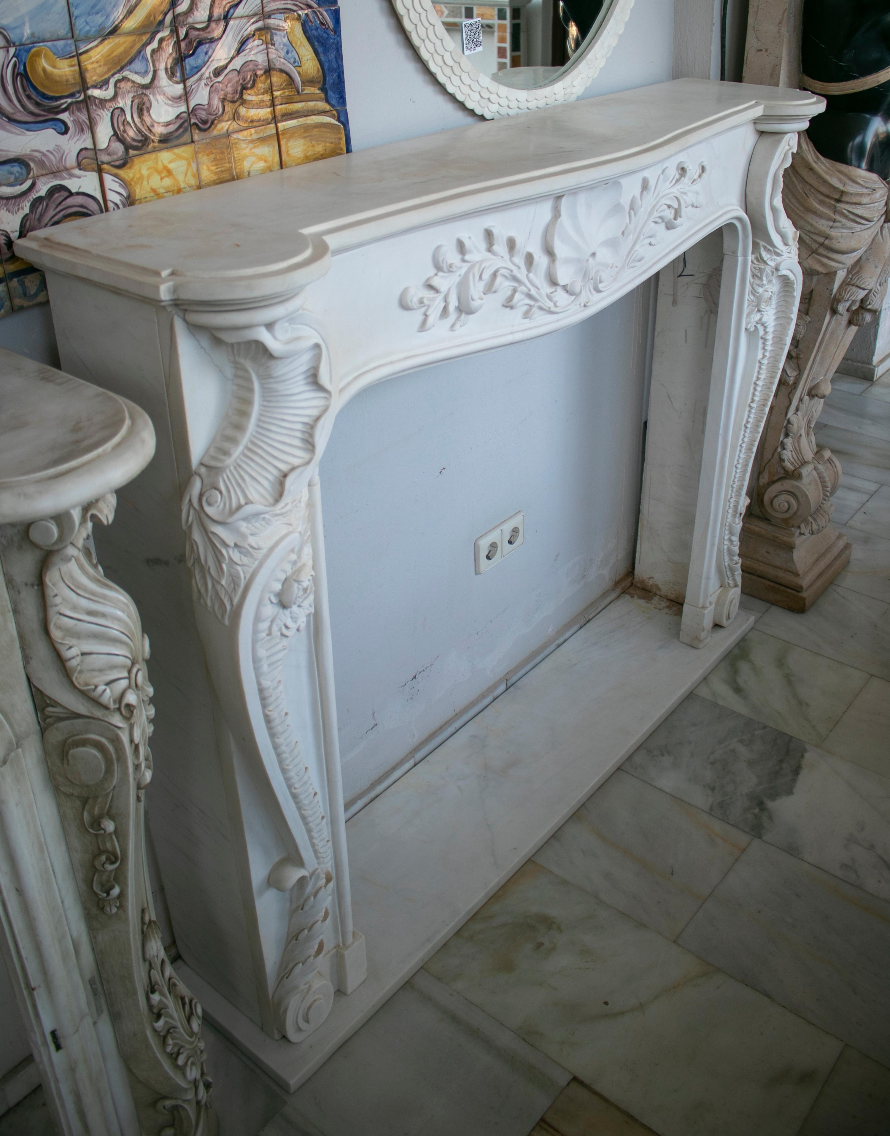 European Louis XV Rococo Hand Carved White Carrara Marble Fireplace Mantle