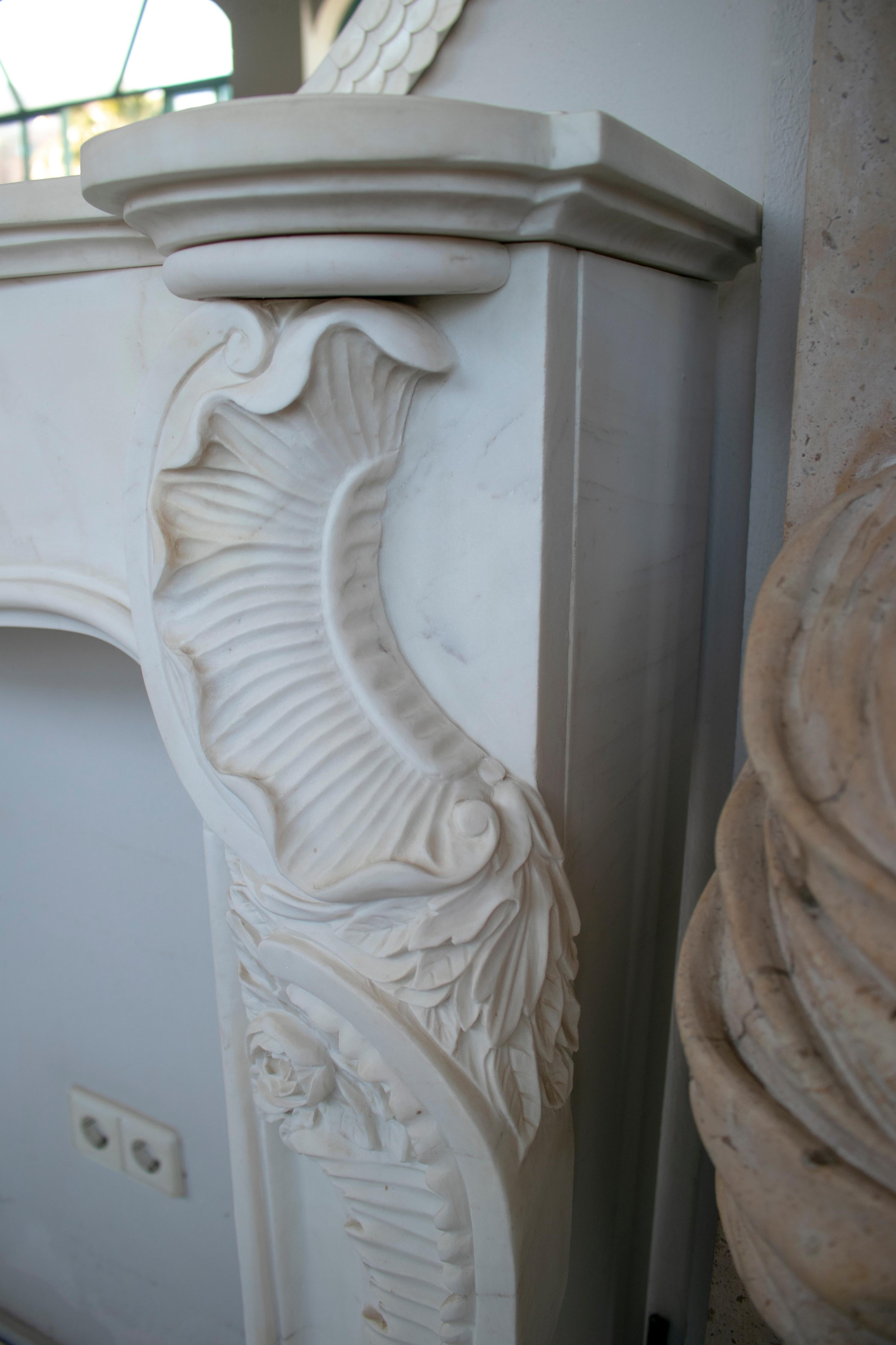 20th Century Louis XV Rococo Hand Carved White Carrara Marble Fireplace Mantle