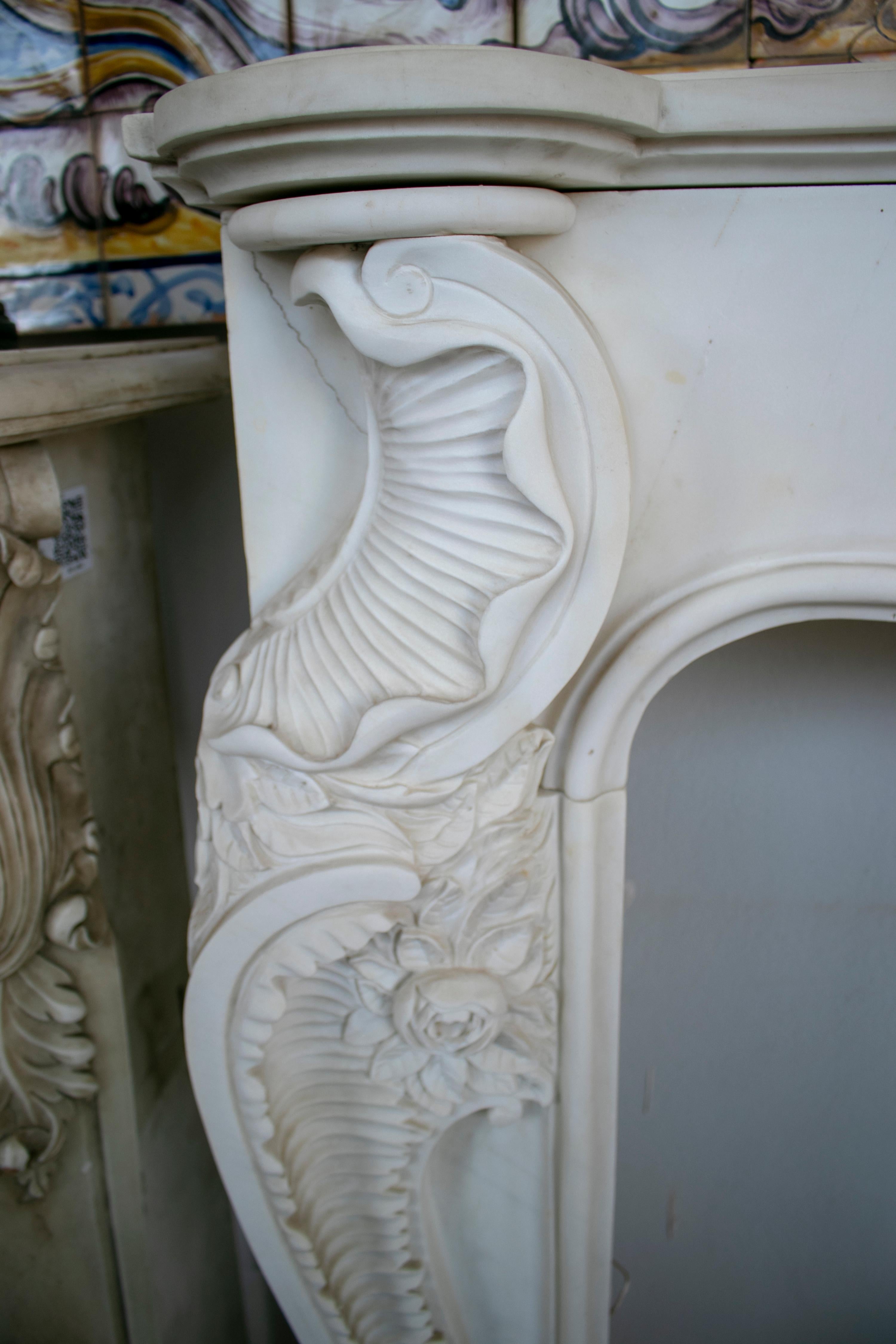 Louis XV Rococo Hand Carved White Carrara Marble Fireplace Mantle 2