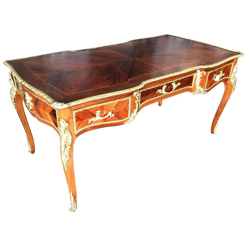 Louis XV Rococo Mahogany, Satinwood and Bureau Plat Executive Writing Desk For Sale