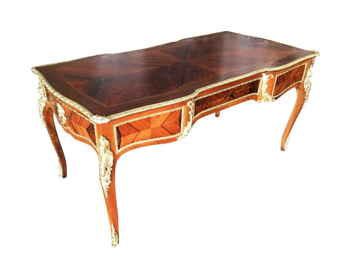Spanish Louis XV Rococo Mahogany, Satinwood and Bureau Plat Executive Writing Desk For Sale