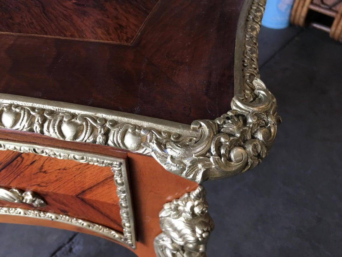 Mid-20th Century Louis XV Rococo Mahogany, Satinwood and Bureau Plat Executive Writing Desk For Sale