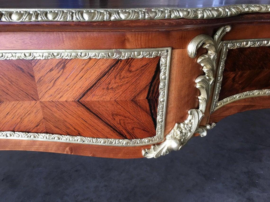 Louis XV Rococo Mahogany, Satinwood and Bureau Plat Executive Writing Desk For Sale 1