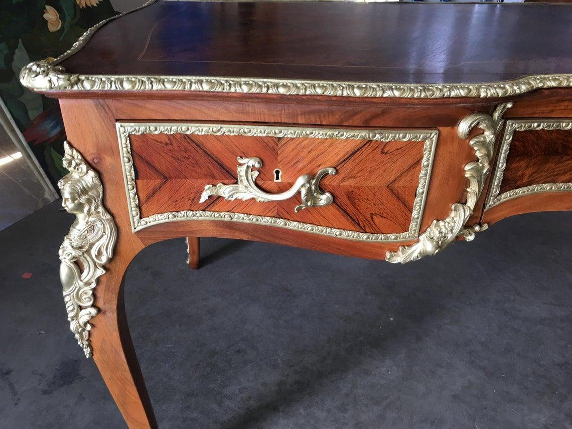 Louis XV Rococo Mahogany, Satinwood and Bureau Plat Executive Writing Desk For Sale 2